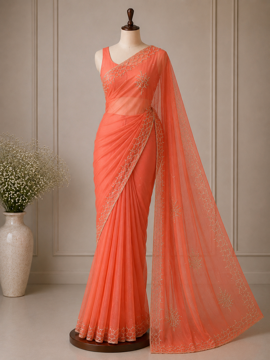 Palashika Luxe ORZANGA Silver Sequin Cut Dana Bead Embroidery Saree