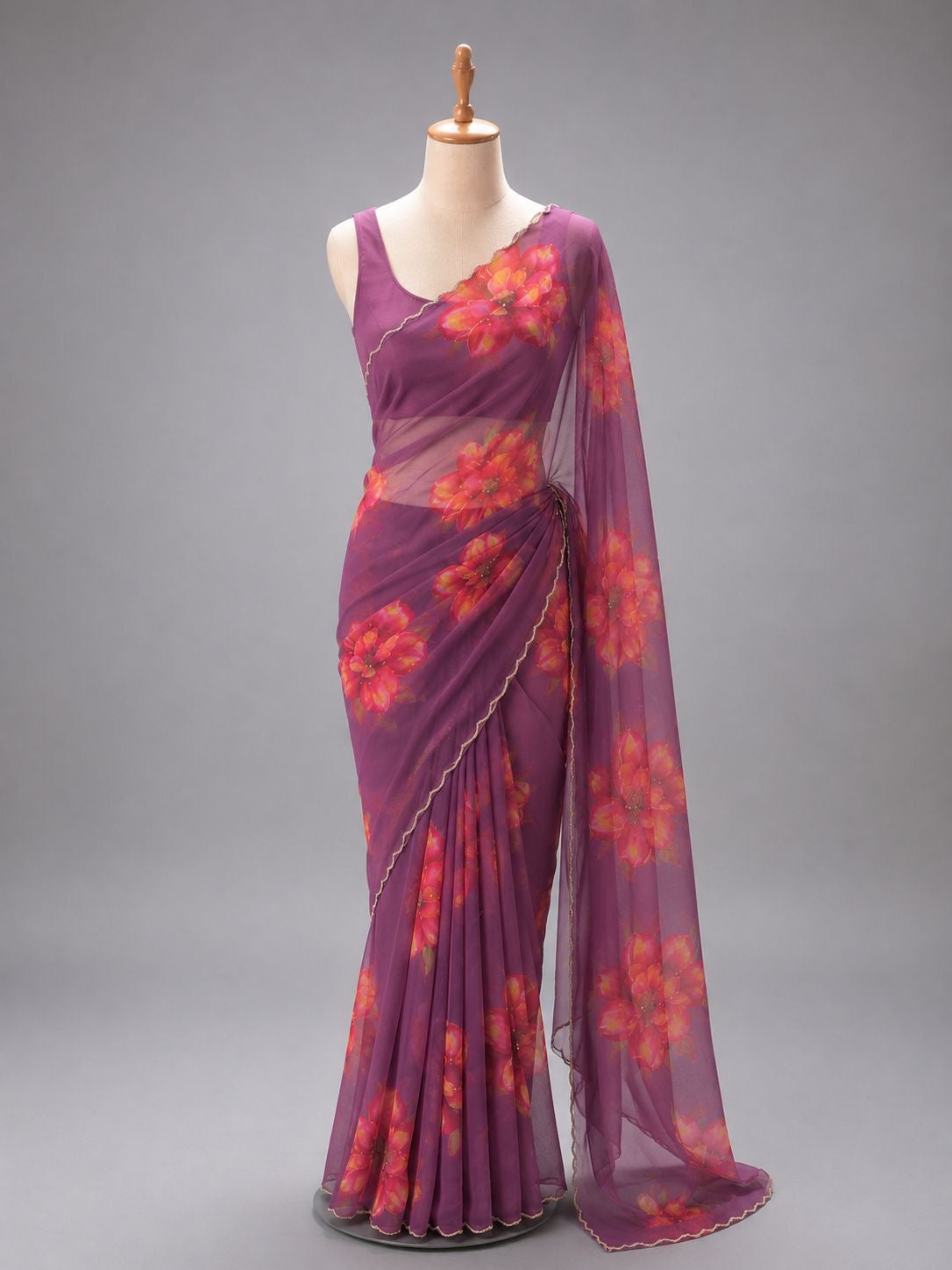 Palashika Luxe Soft Georgette Floral Print Zari Work Saree