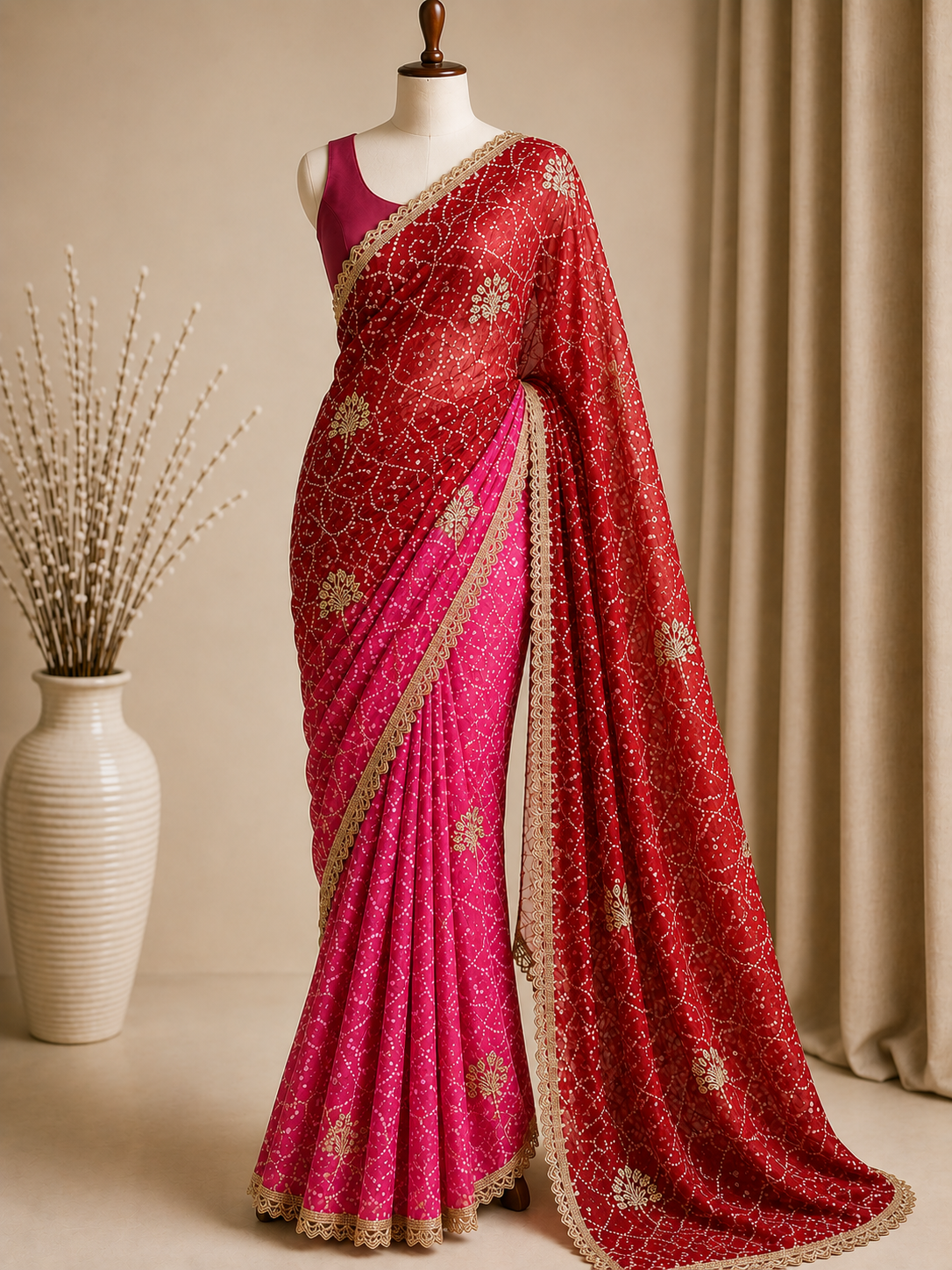 Palashika Luxe Soft Georgette Bandhej Print Golden Zari Gotta Work Saree