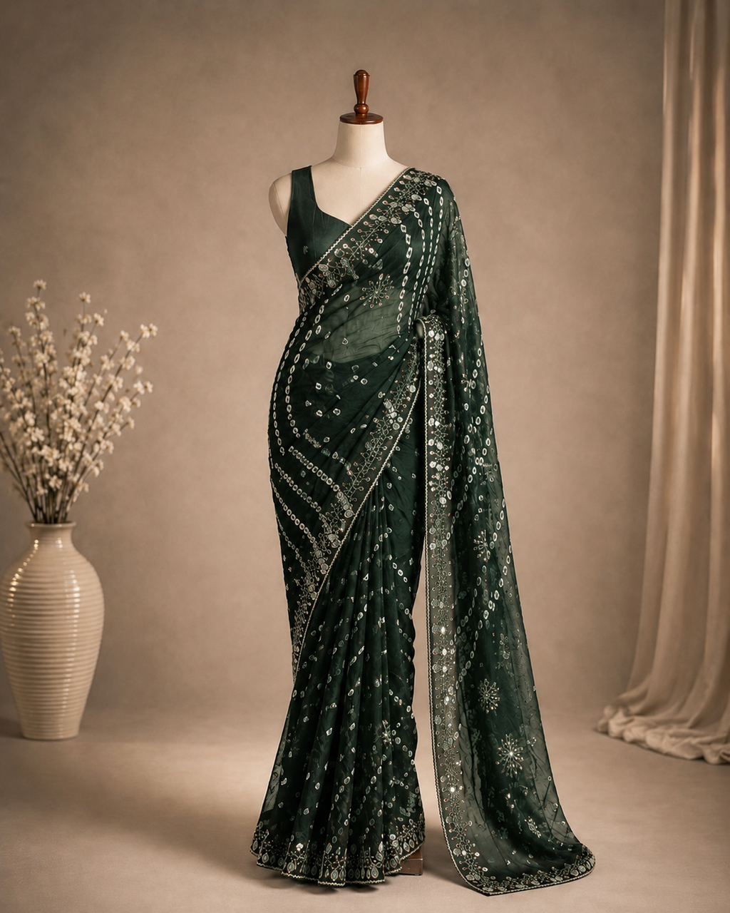 Palashika Luxe Chinon Bandhani Print Mirror Stone Zari Border Saree