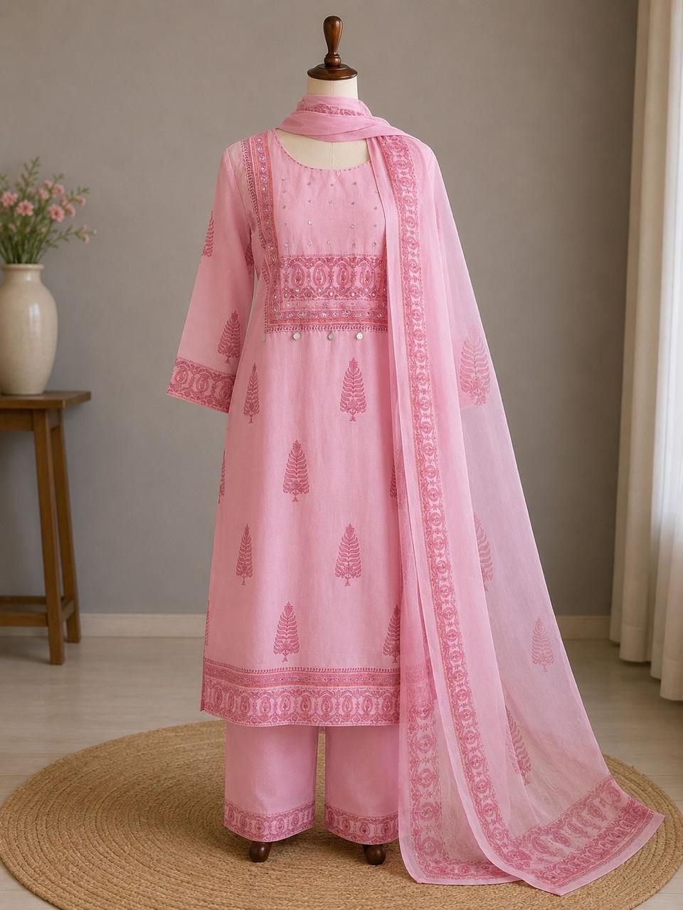 Palashika Luxe Floral Print With Embroidered Neckline And Lace /Mirror Detailing Suit