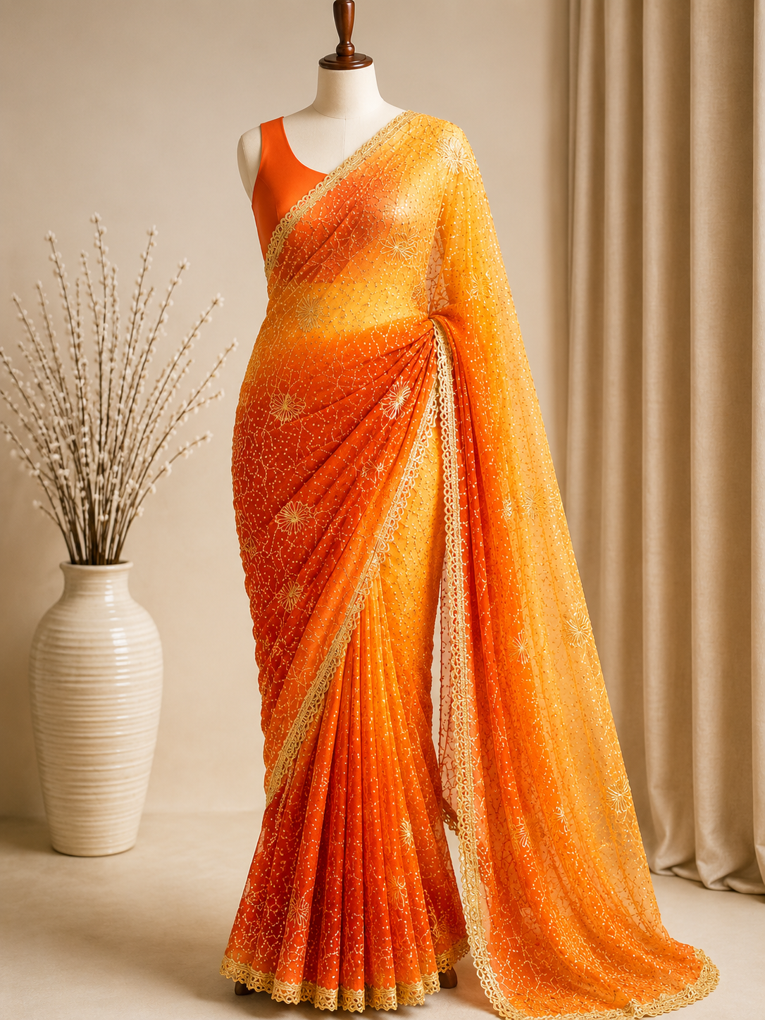 Palashika Luxe Soft Georgette Bandhej Print Golden Zari Gotta Work Saree