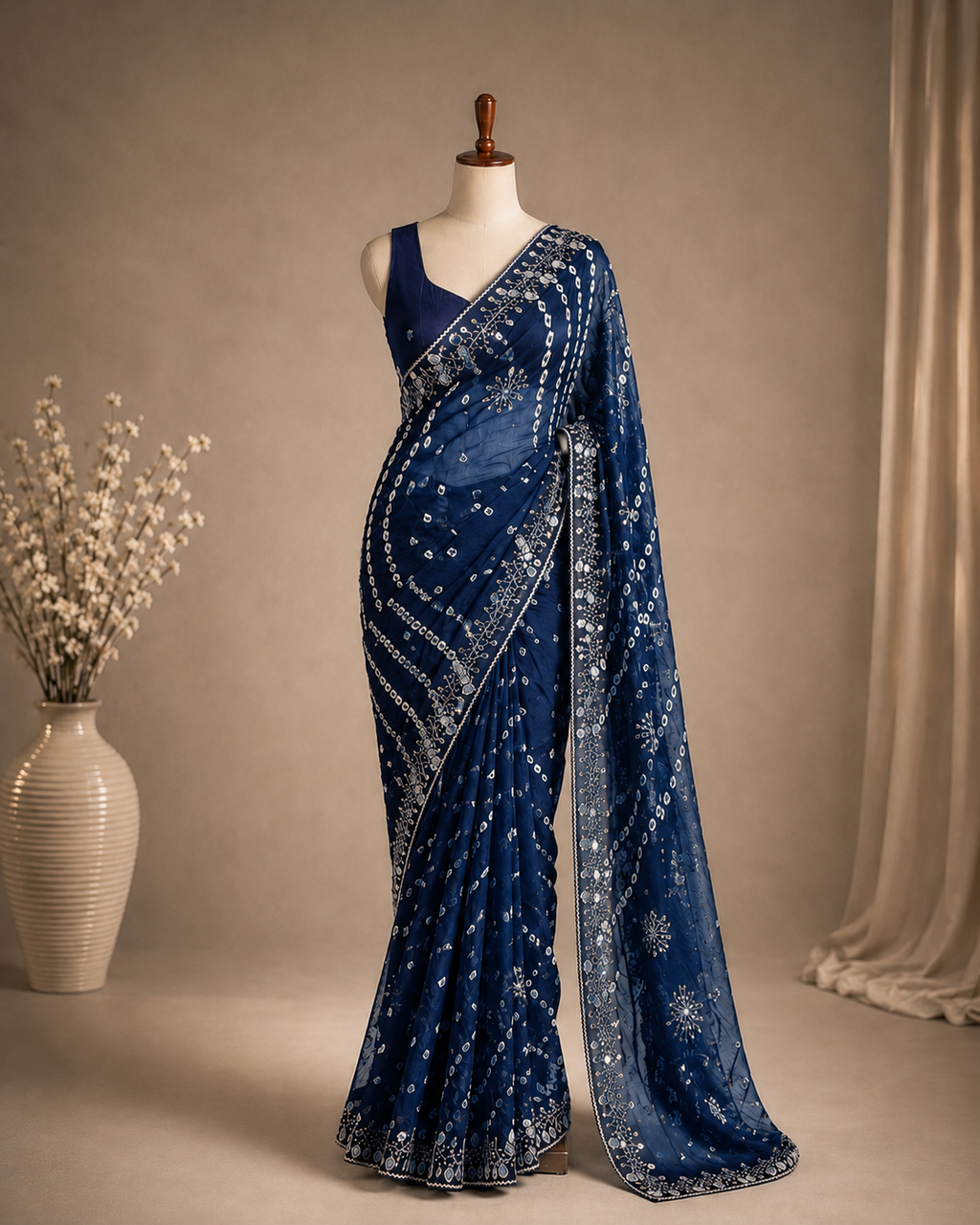 Palashika Luxe Chinon Bandhani Print Mirror Stone Zari Border Saree