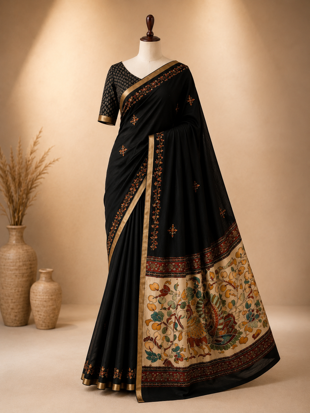 Palashika Luxe Soft Mulmul Kalamkari Peacock & Floral Hand Embroidery Saree