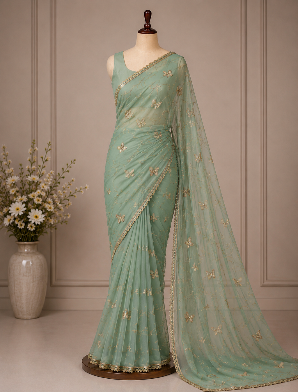 Palashika Luxe Soft Georgette Golden Zari Lace Butter Light Embroidery Saree