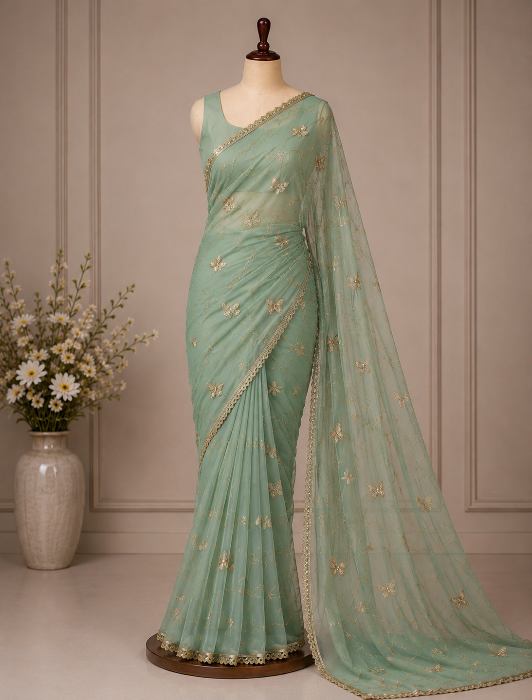 Palashika Luxe Soft Georgette Golden Zari Lace Butter Light Embroidery Saree
