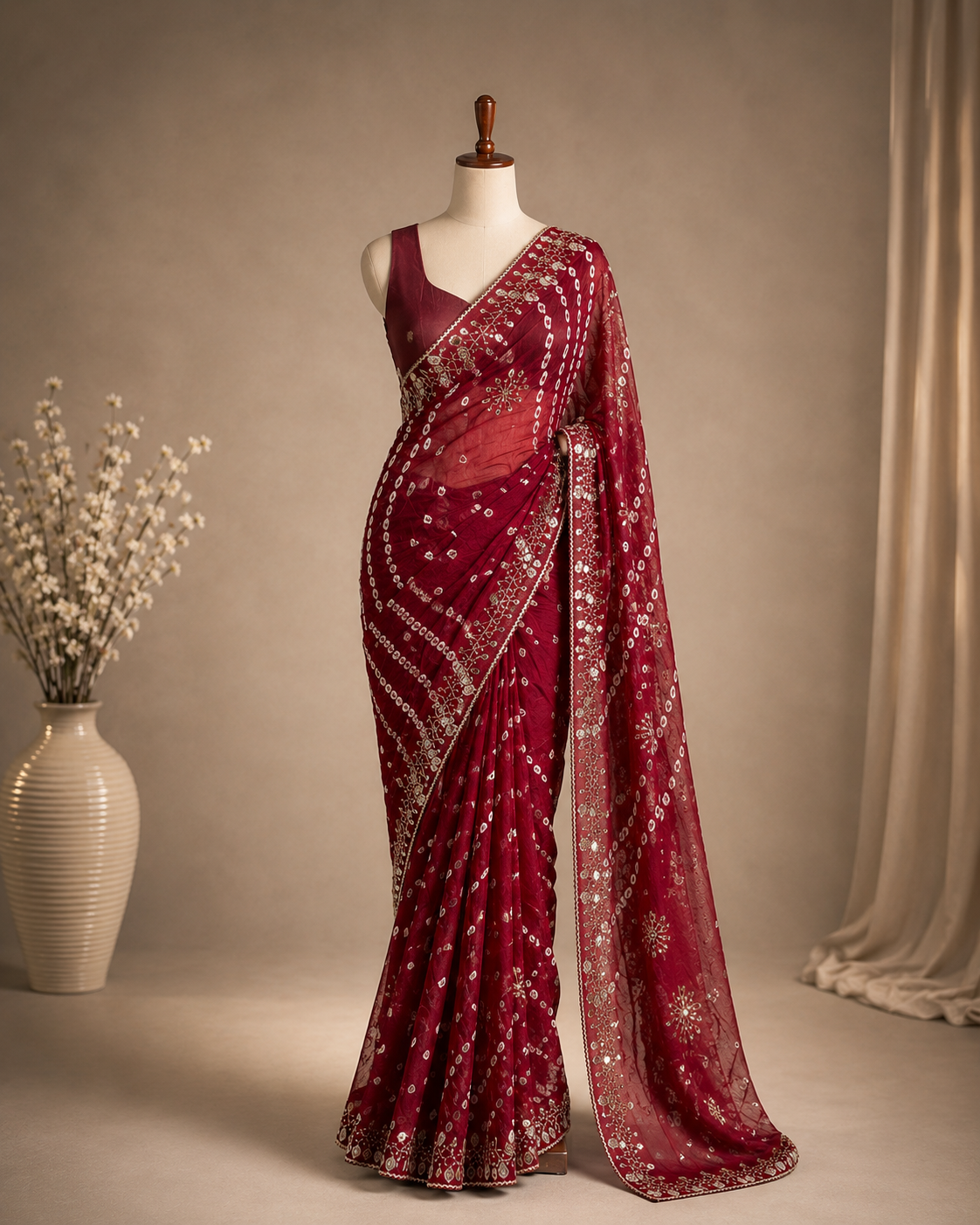 Palashika Luxe Chinon Bandhani Print Mirror Stone Zari Border Saree
