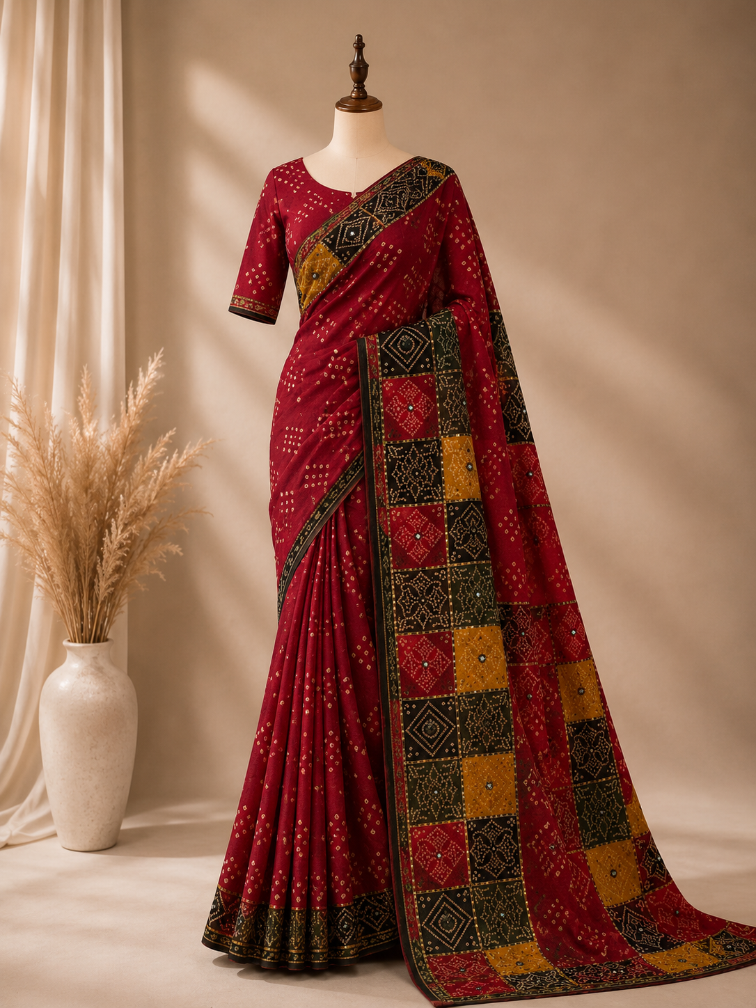 Palashika Luxe Mashru Crepe Mirror Work Bandhani Print Saree