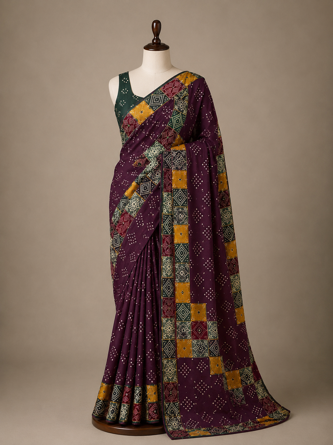 Palashika Luxe Mashru Crepe Mirror Work Bandhani Print Saree