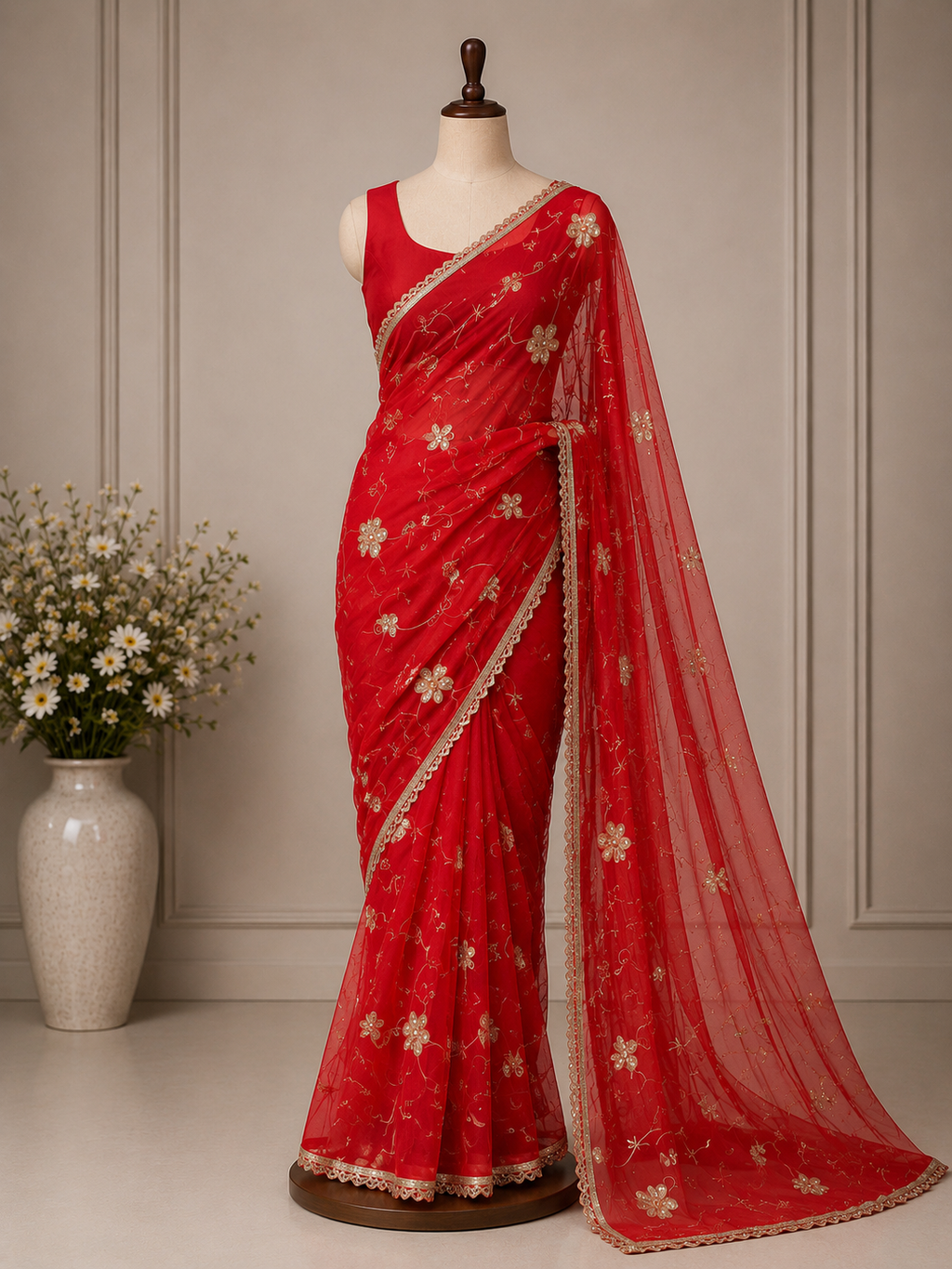 Palashika Luxe Soft Georgette Golden Zari Lace Butter Light Embroidery Saree