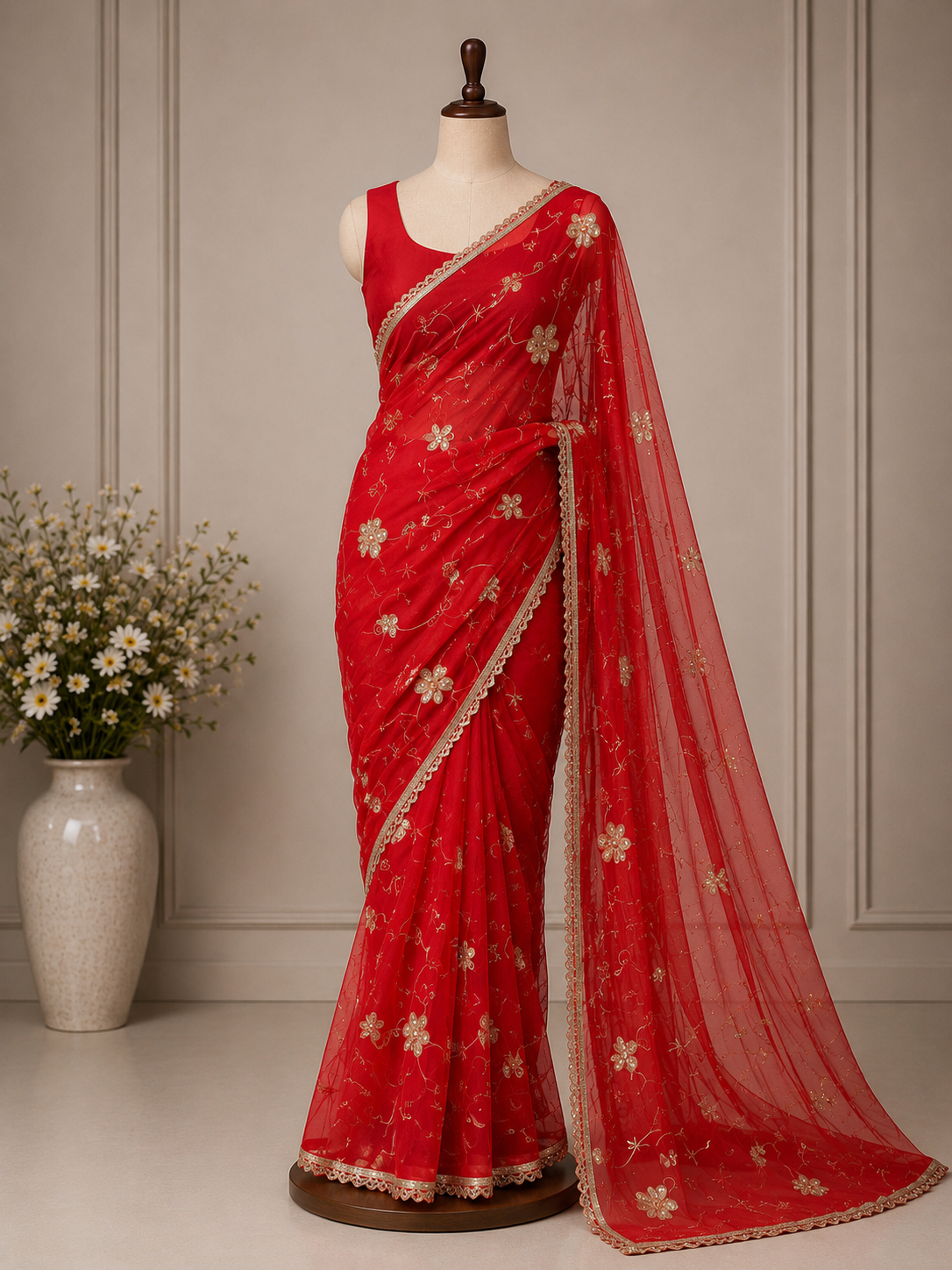 Palashika Luxe Soft Georgette Golden Zari Lace Butter Light Embroidery Saree