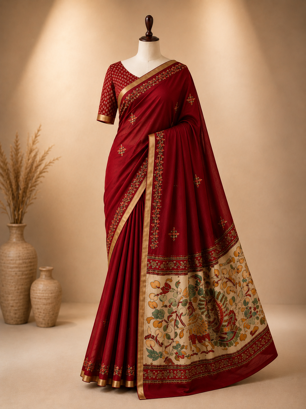 Palashika Luxe Soft Mulmul Kalamkari Peacock & Floral Hand Embroidery Saree