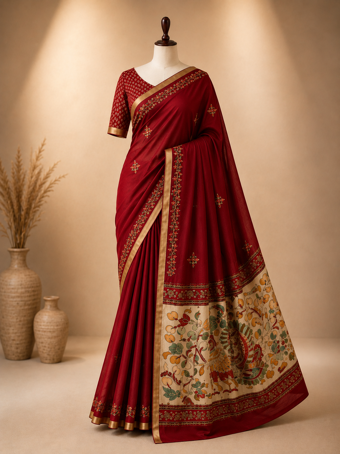 Palashika Luxe Soft Mulmul Kalamkari Peacock & Floral Hand Embroidery Saree