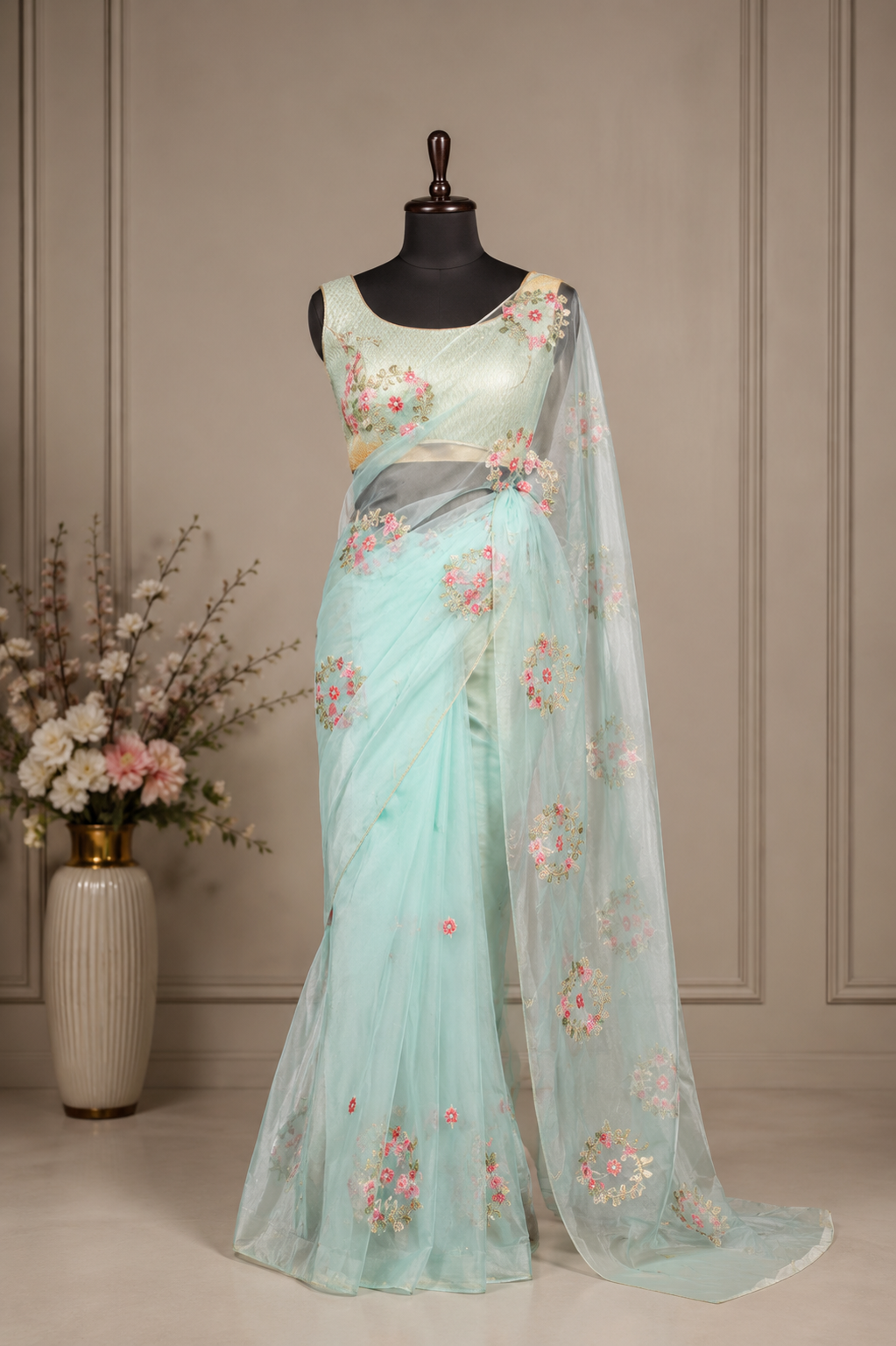 Palashika Luxe Shimmer Chinon Elephant Motif Sequin Zari Embroidery Saree