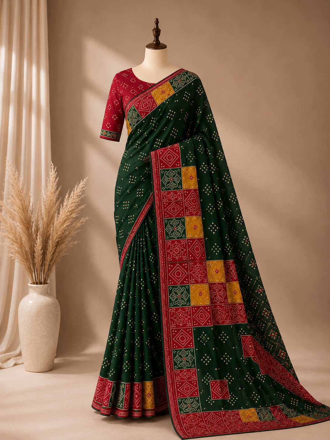 Palashika Luxe Mashru Crepe Mirror Work Bandhani Print Saree