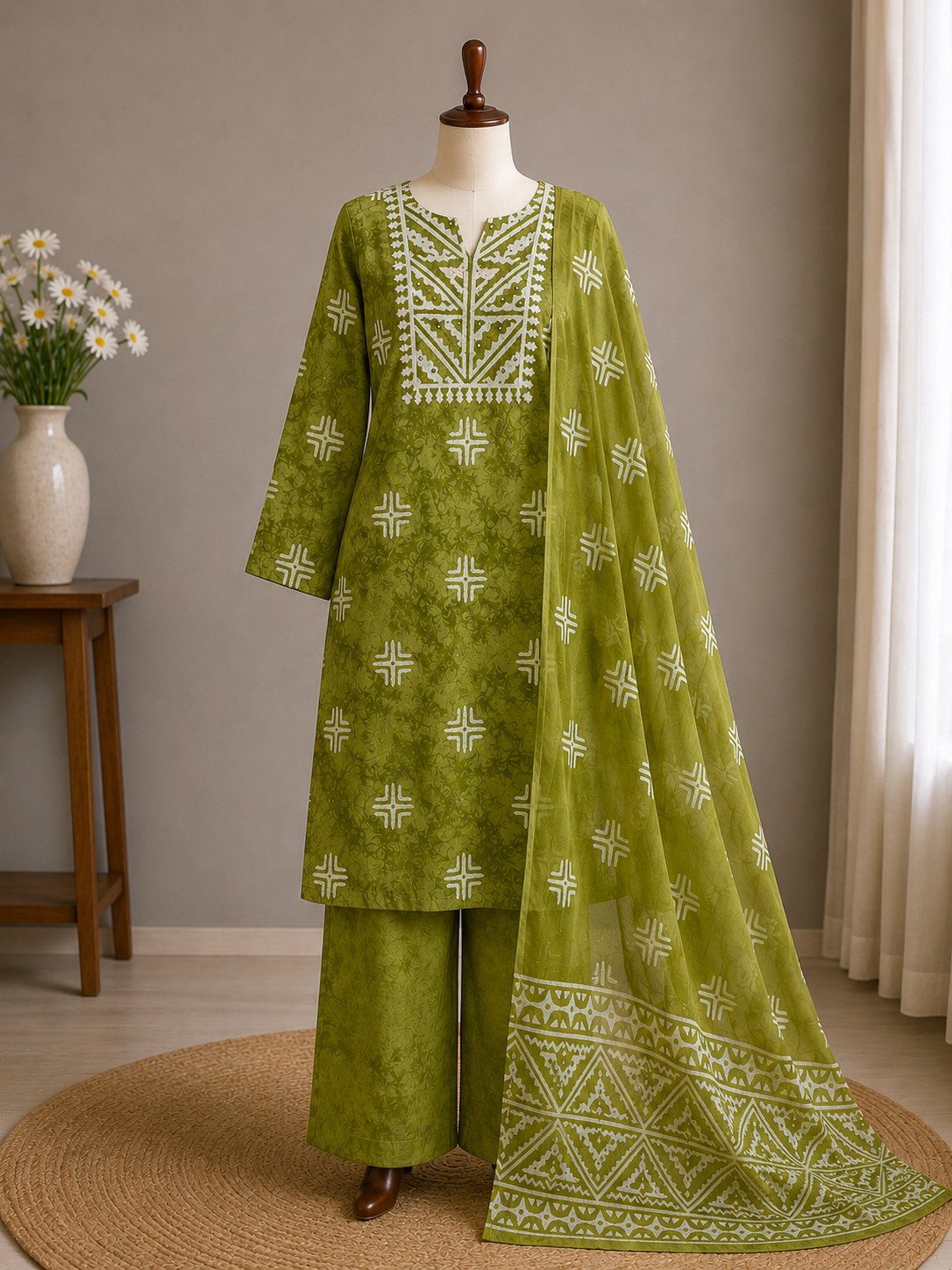 Palashika Luxe Traditional Geometric Print With Embroided Neckline Suit