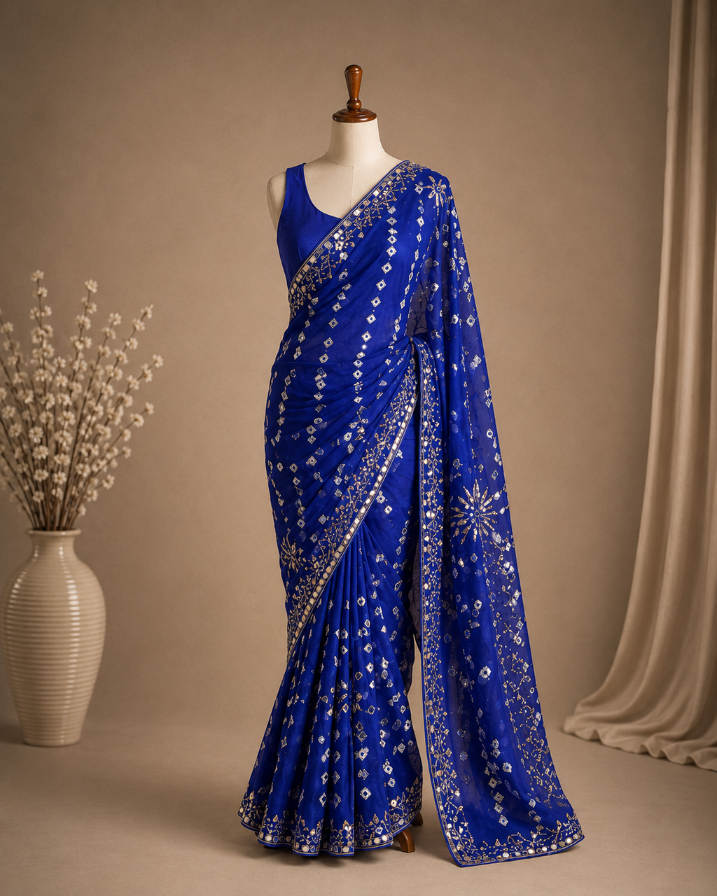 Palashika Luxe Chinon Bandhani Print Mirror Stone Zari Border Saree
