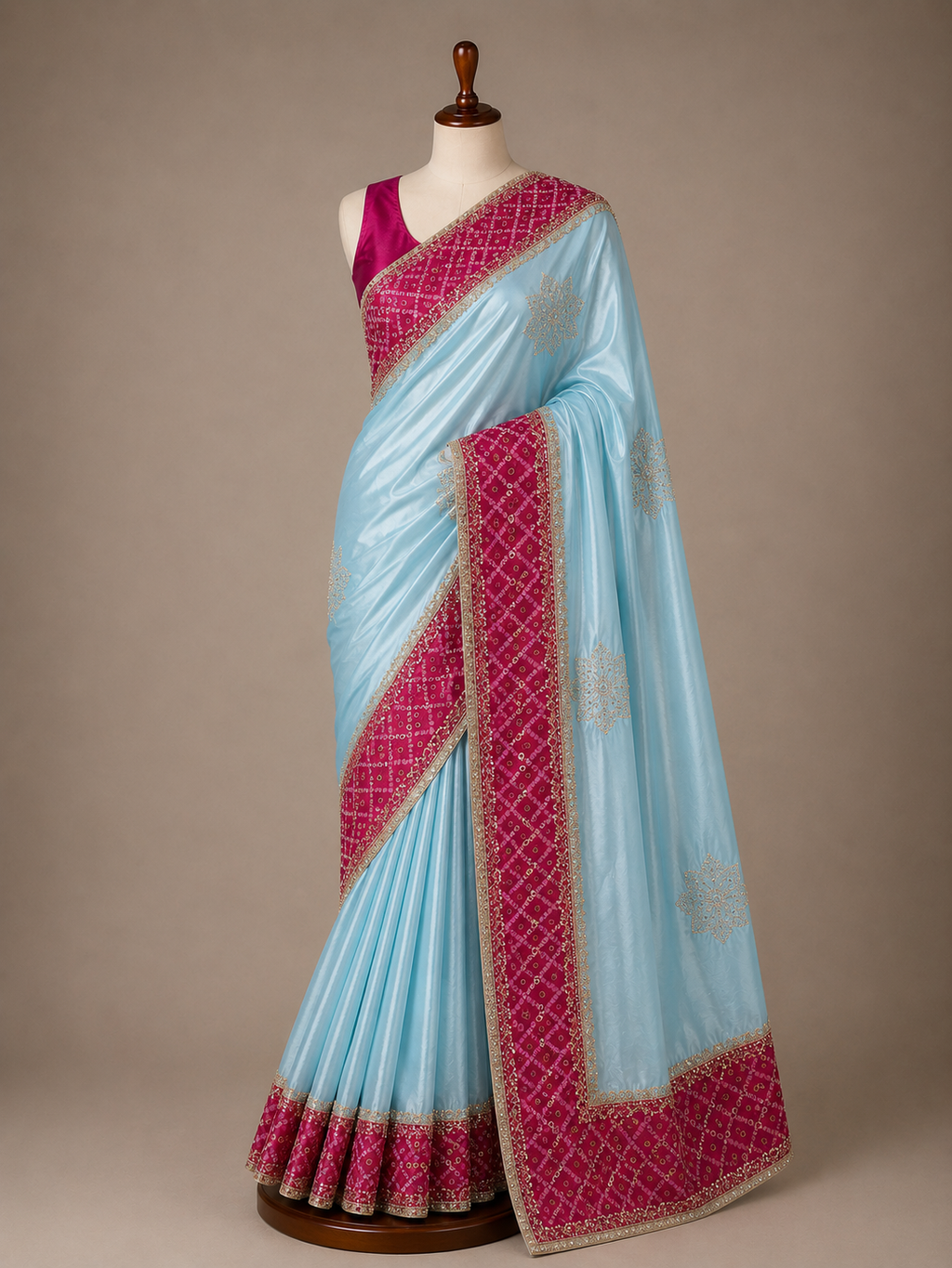 Palashika Luxe Korean Silk Bandhani Print Hand Work Saree