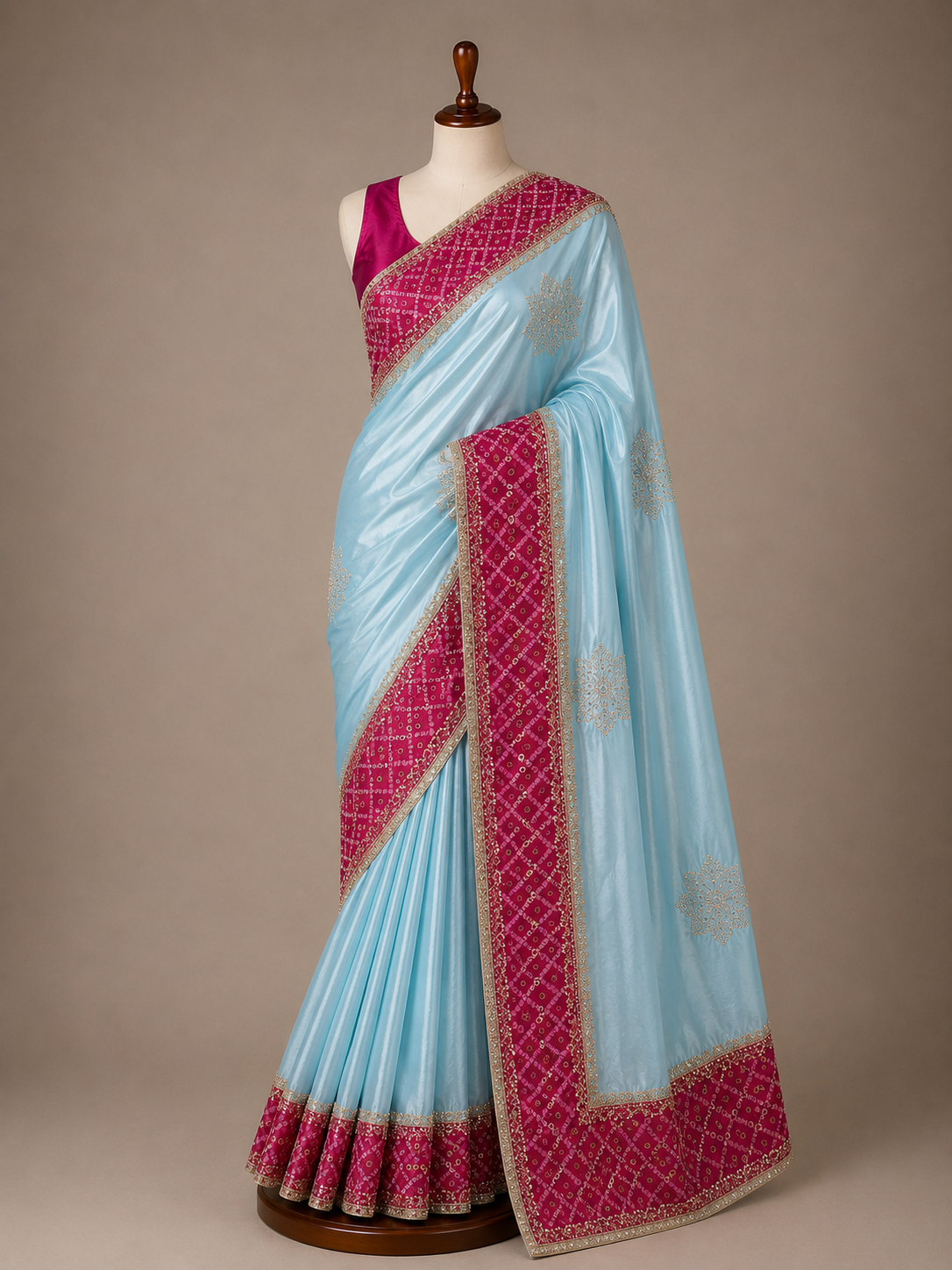 Palashika Luxe Korean Silk Bandhani Print Hand Work Saree