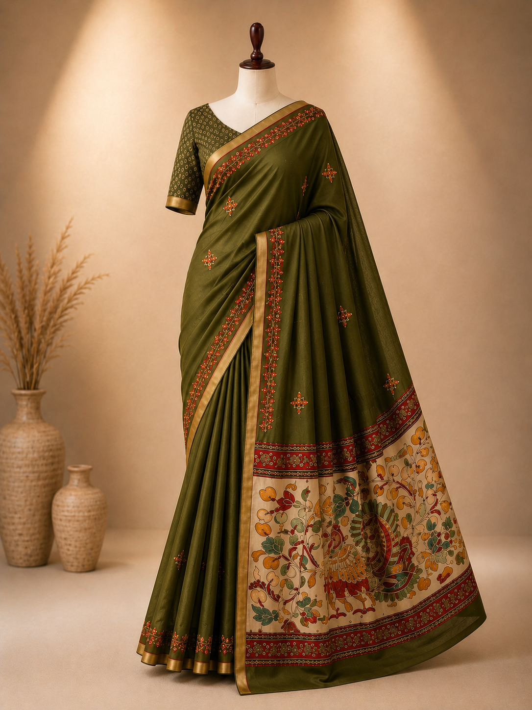 Palashika Luxe Soft Mulmul Kalamkari Peacock & Floral Hand Embroidery Saree