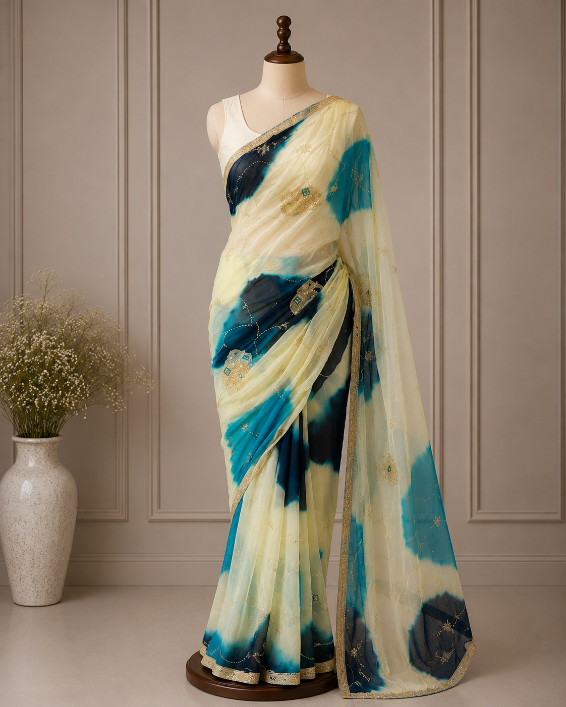 Palashika Luxe Shimmer Chinon Elephant Motif Sequin Zari Embroidery Saree