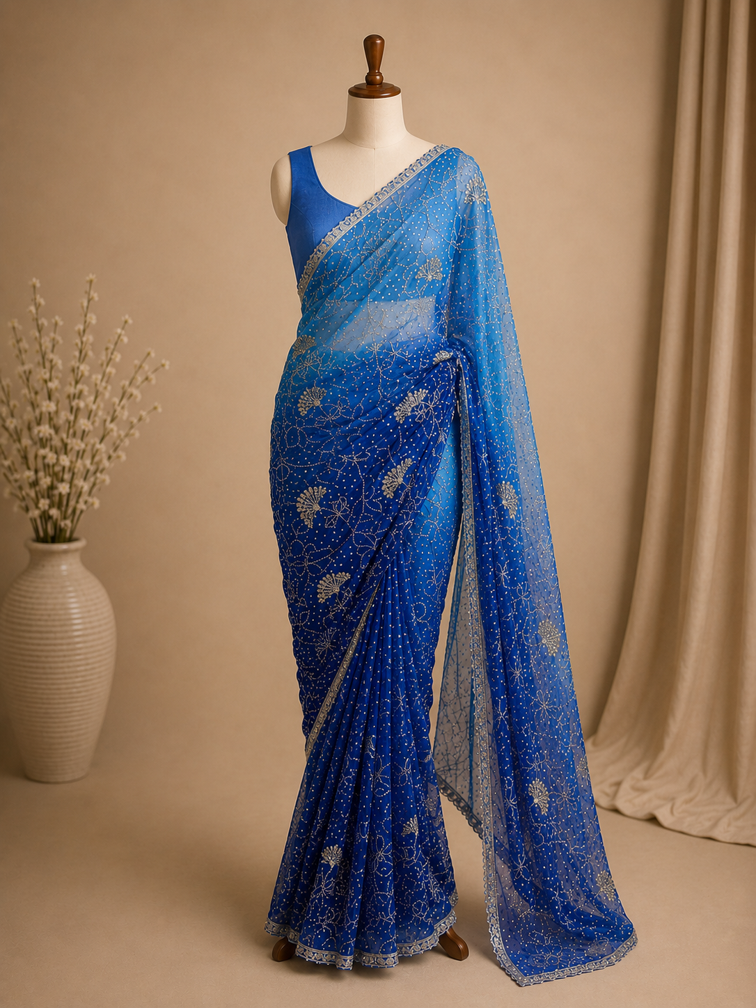 Palashika Luxe Soft Georgette Bandhej Print Golden Zari Gotta Work Saree