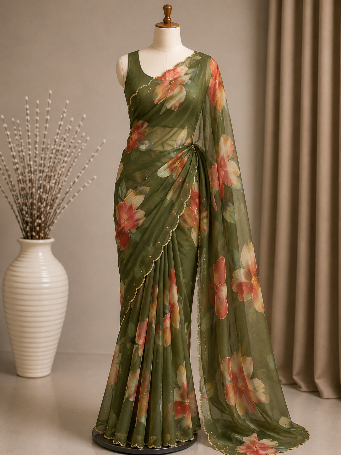 Palashika Luxe Soft Georgette Floral Print Zari Work Saree