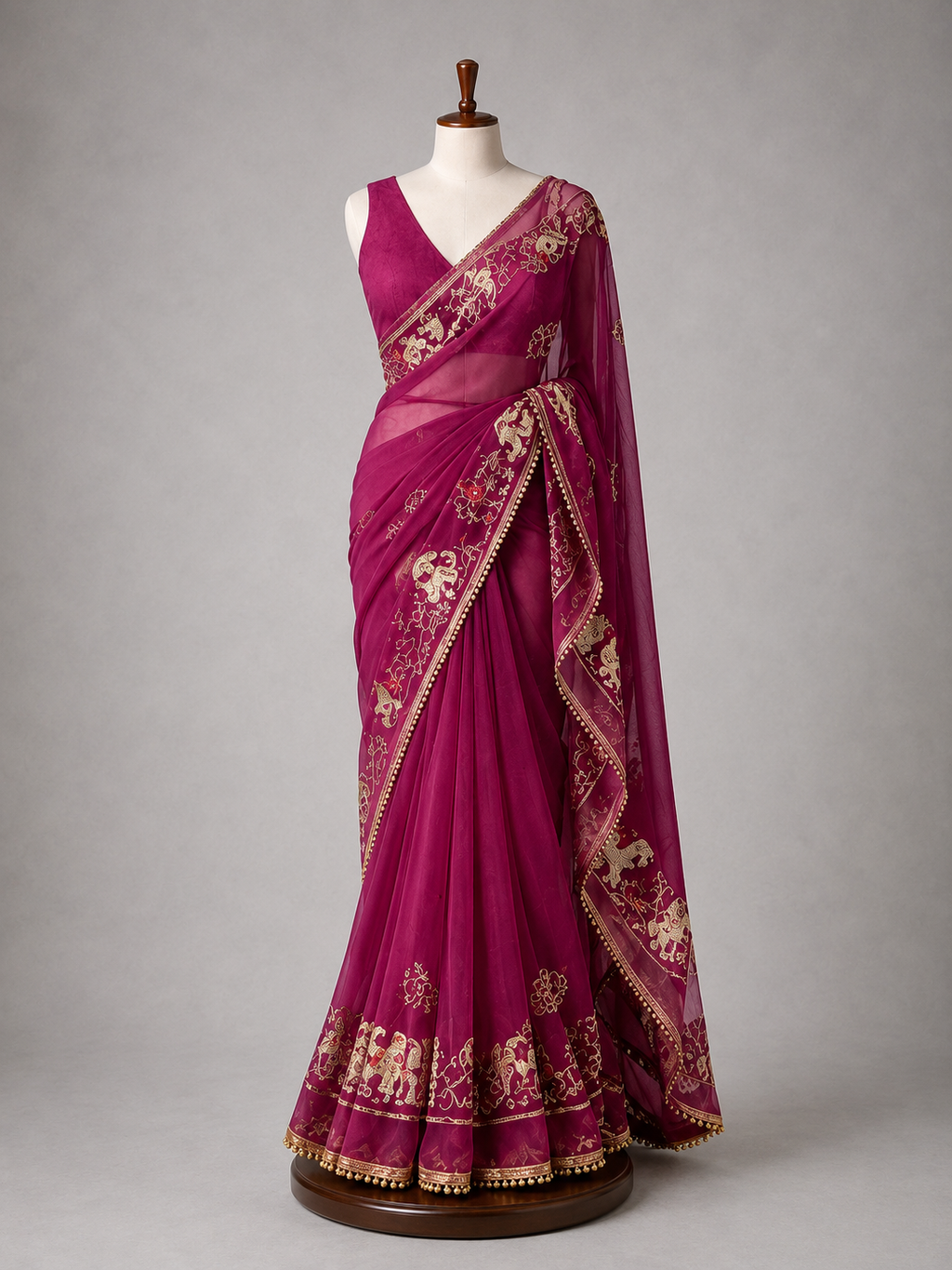 Palashika Luxe Soft Georgette Sequin Thread Embroidery Elephant Motif Saree
