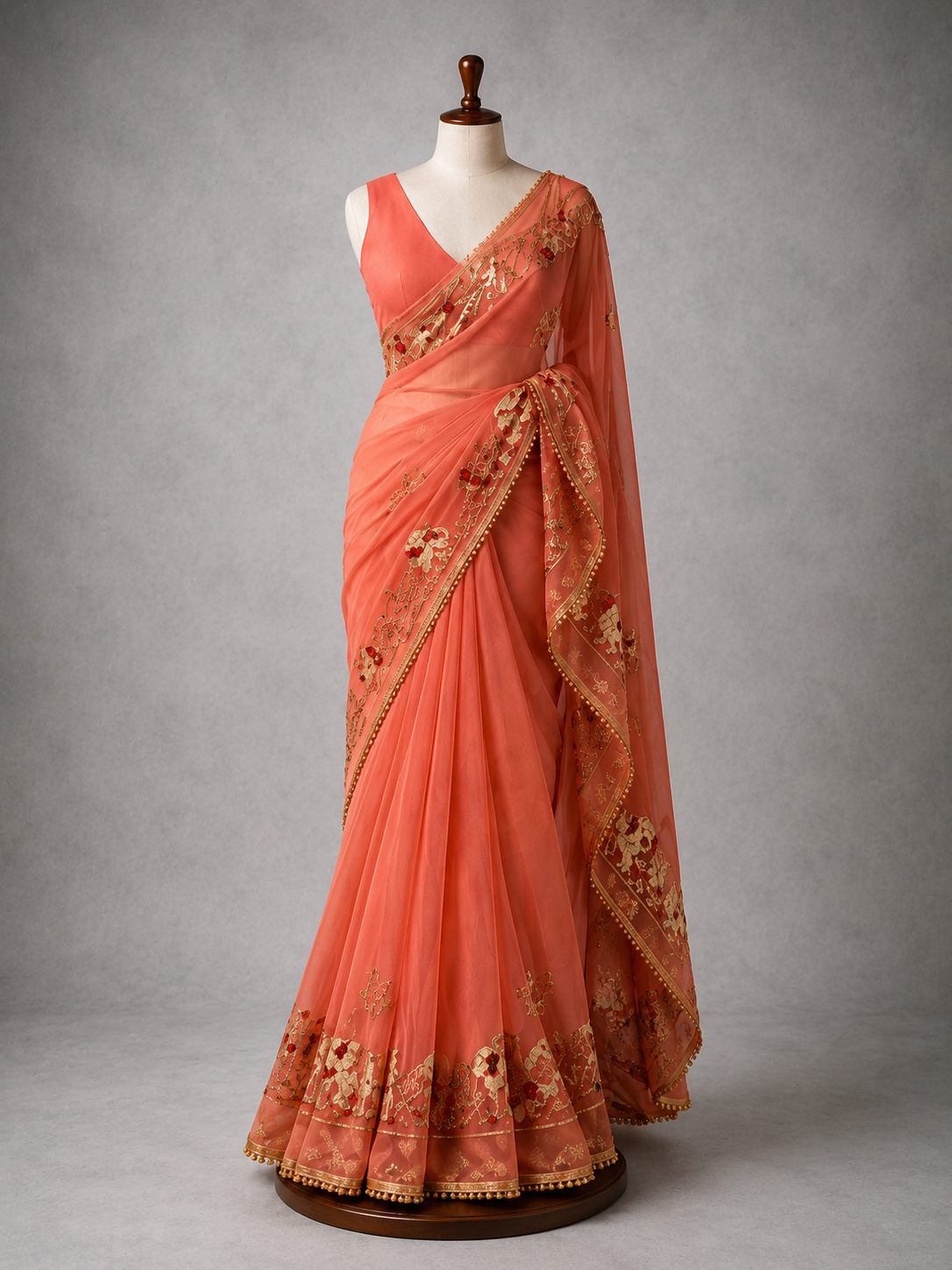 Palashika Luxe Soft Georgette Sequin Thread Embroidery Elephant Motif Saree