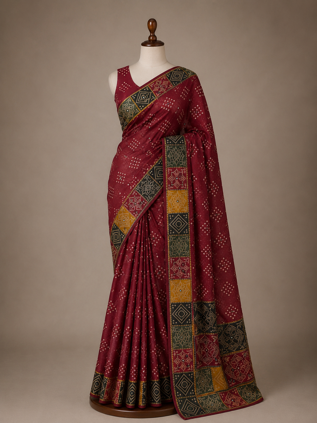 Palashika Luxe Mashru Crepe Mirror Work Bandhani Print Saree