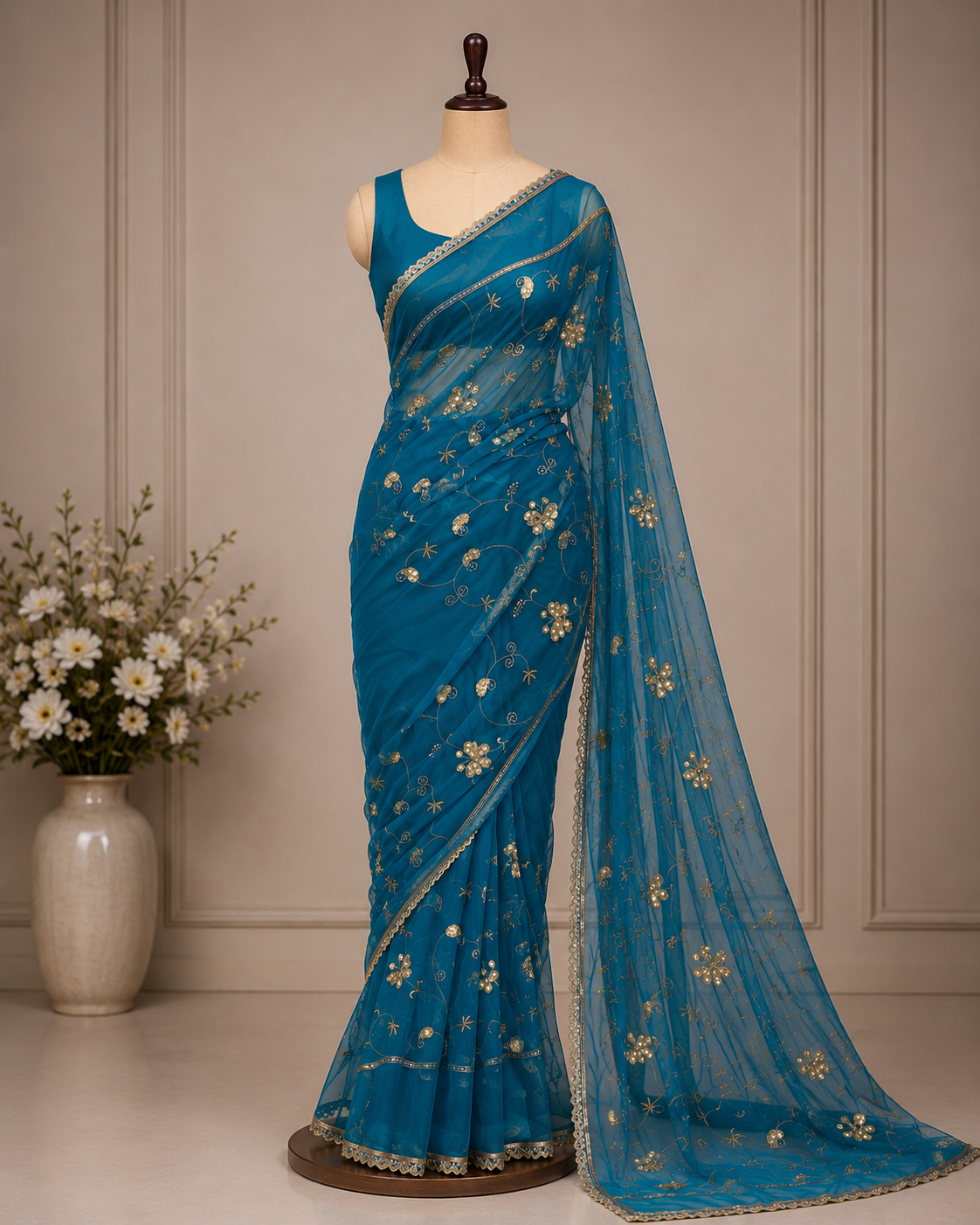 Palashika Luxe Soft Georgette Golden Zari Lace Butter Light Embroidery Saree