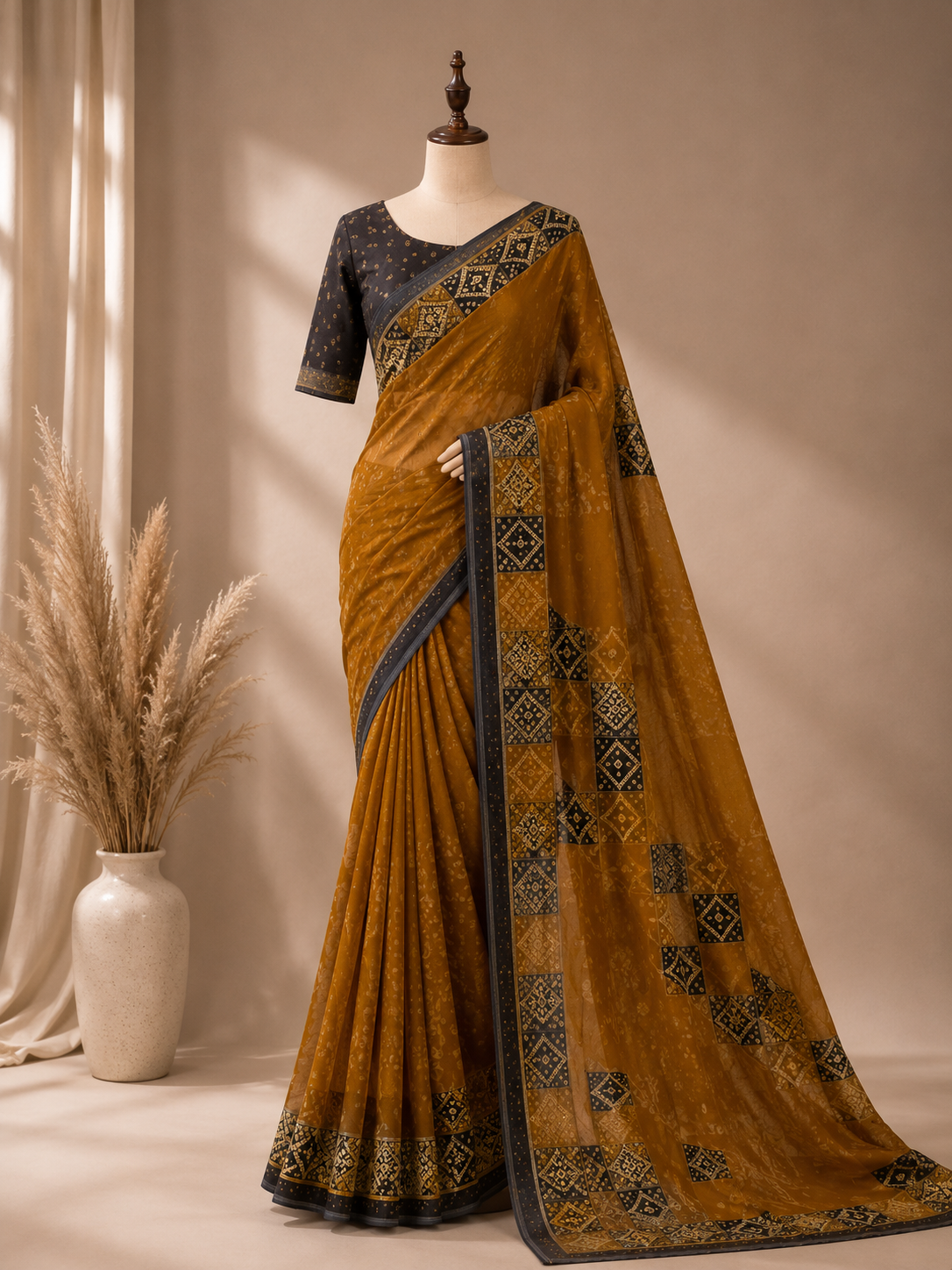 Palashika Luxe Mashru Crepe Mirror Work Bandhani Print Saree