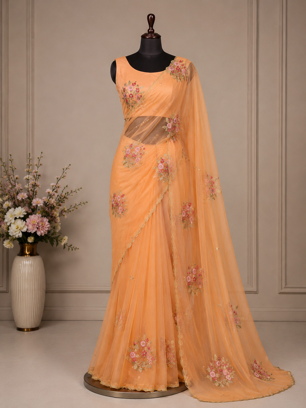 Palashika Luxe Shimmer Chinon Elephant Motif Sequin Zari Embroidery Saree
