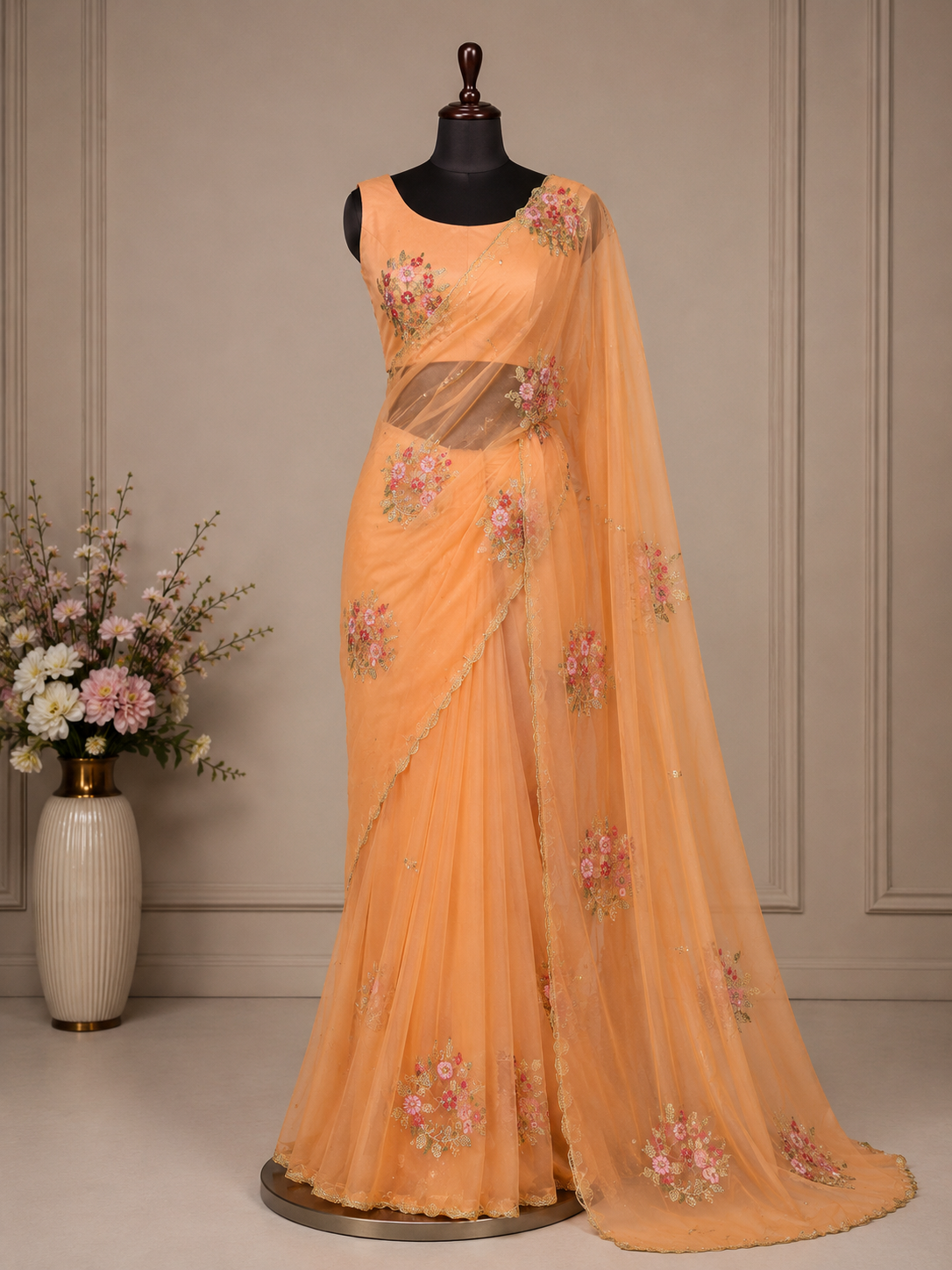 Palashika Luxe Shimmer Chinon Elephant Motif Sequin Zari Embroidery Saree