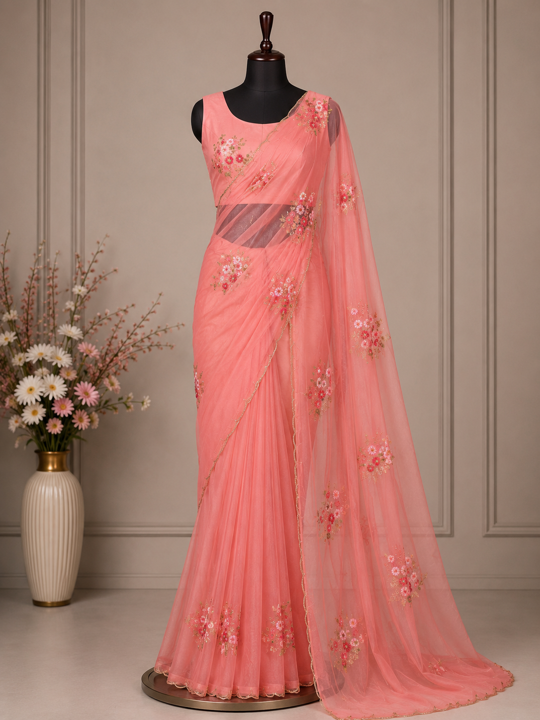 Palashika Luxe Shimmer Chinon Elephant Motif Sequin Zari Embroidery Saree