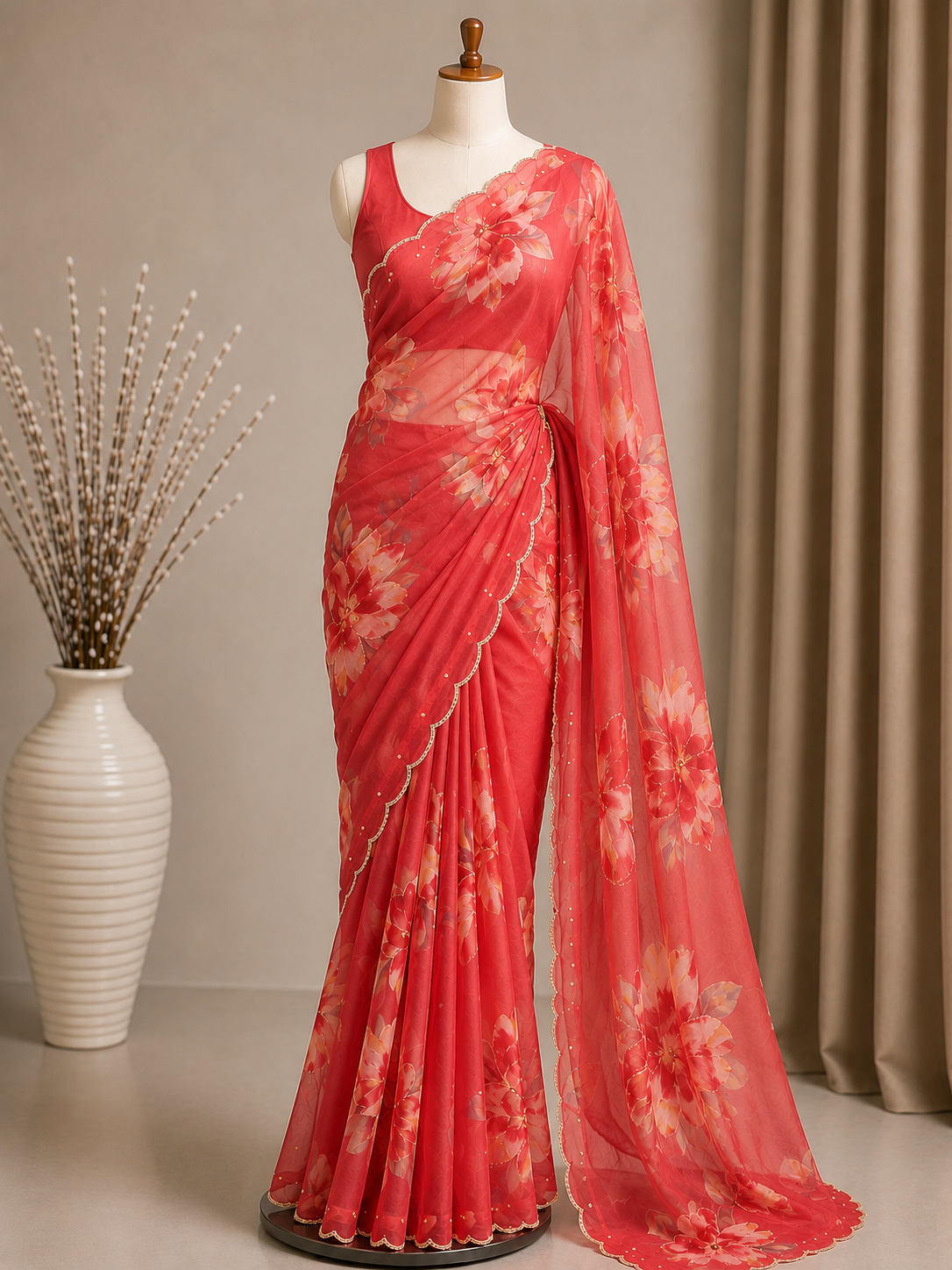 Palashika Luxe Soft Georgette Floral Print Zari Work Saree