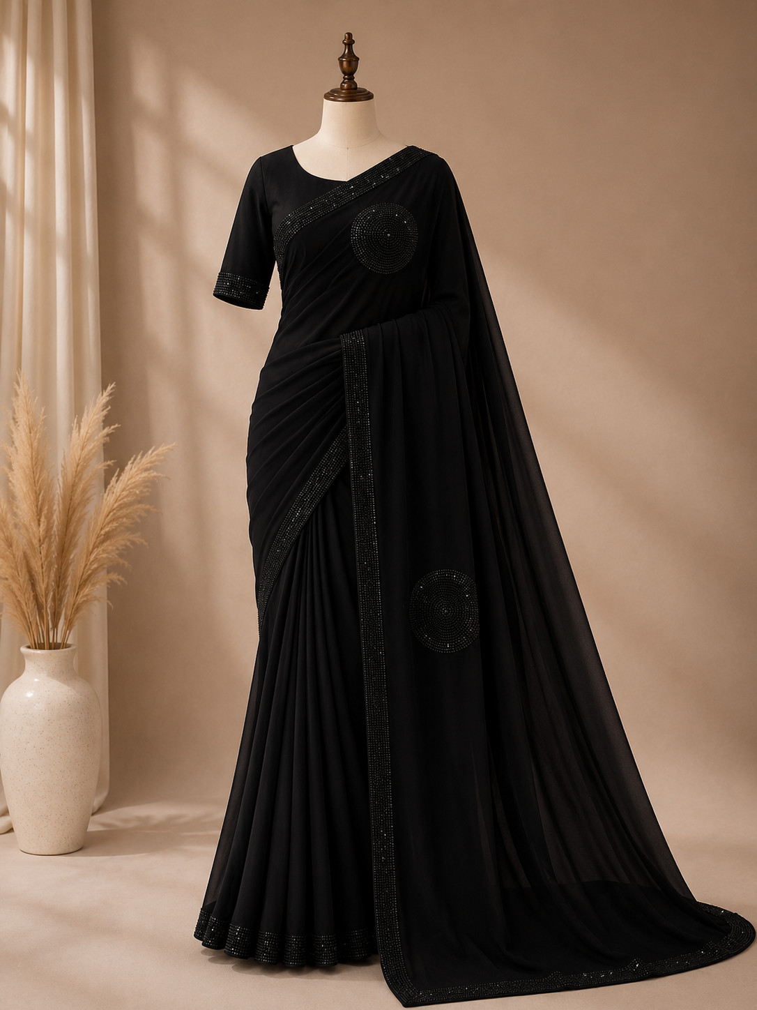 Palashika Luxe Italian Satin Crepe Premium Stone Work Saree – Black Edition