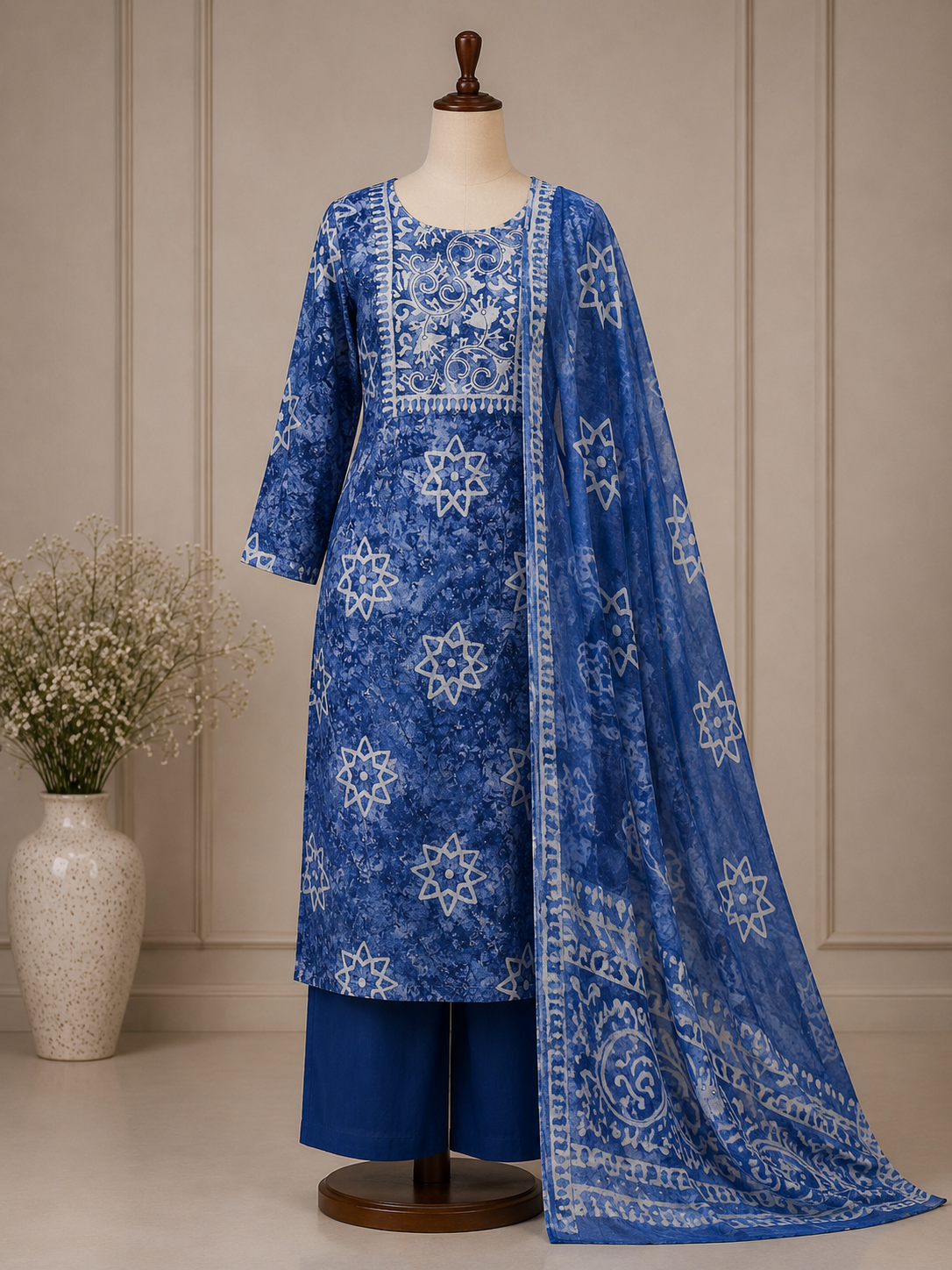 Palashika Luxe Traditional Geometric Print With Embroided Neckline Suit