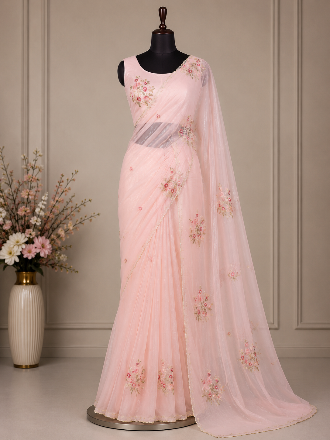 Palashika Luxe Shimmer Chinon Elephant Motif Sequin Zari Embroidery Saree