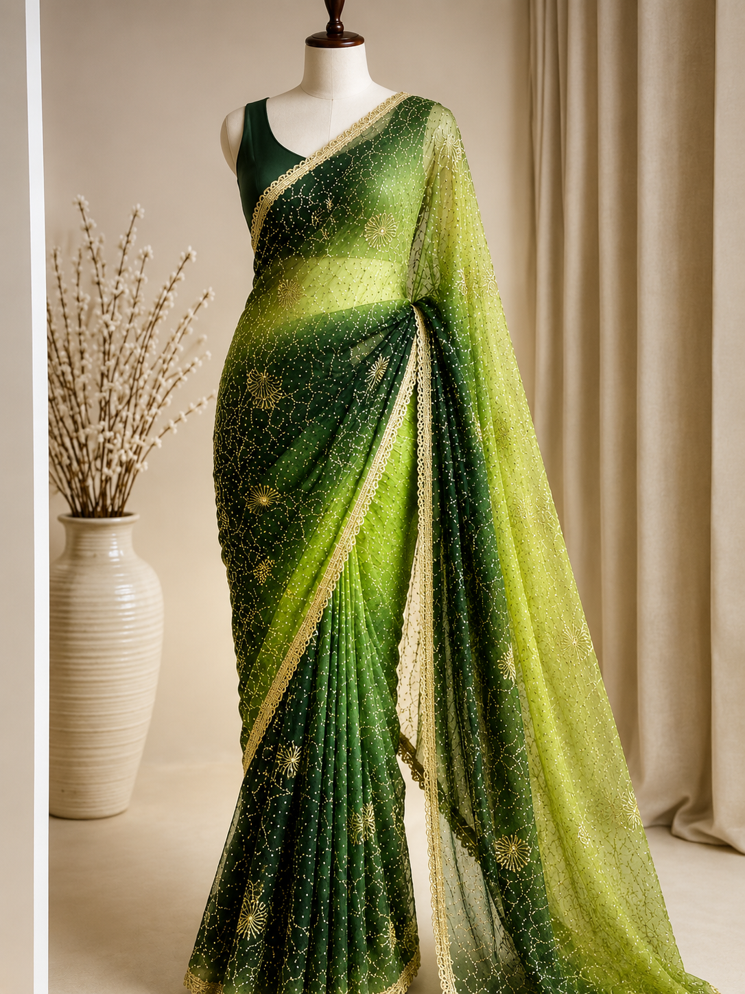 Palashika Luxe Soft Georgette Bandhej Print Golden Zari Gotta Work Saree
