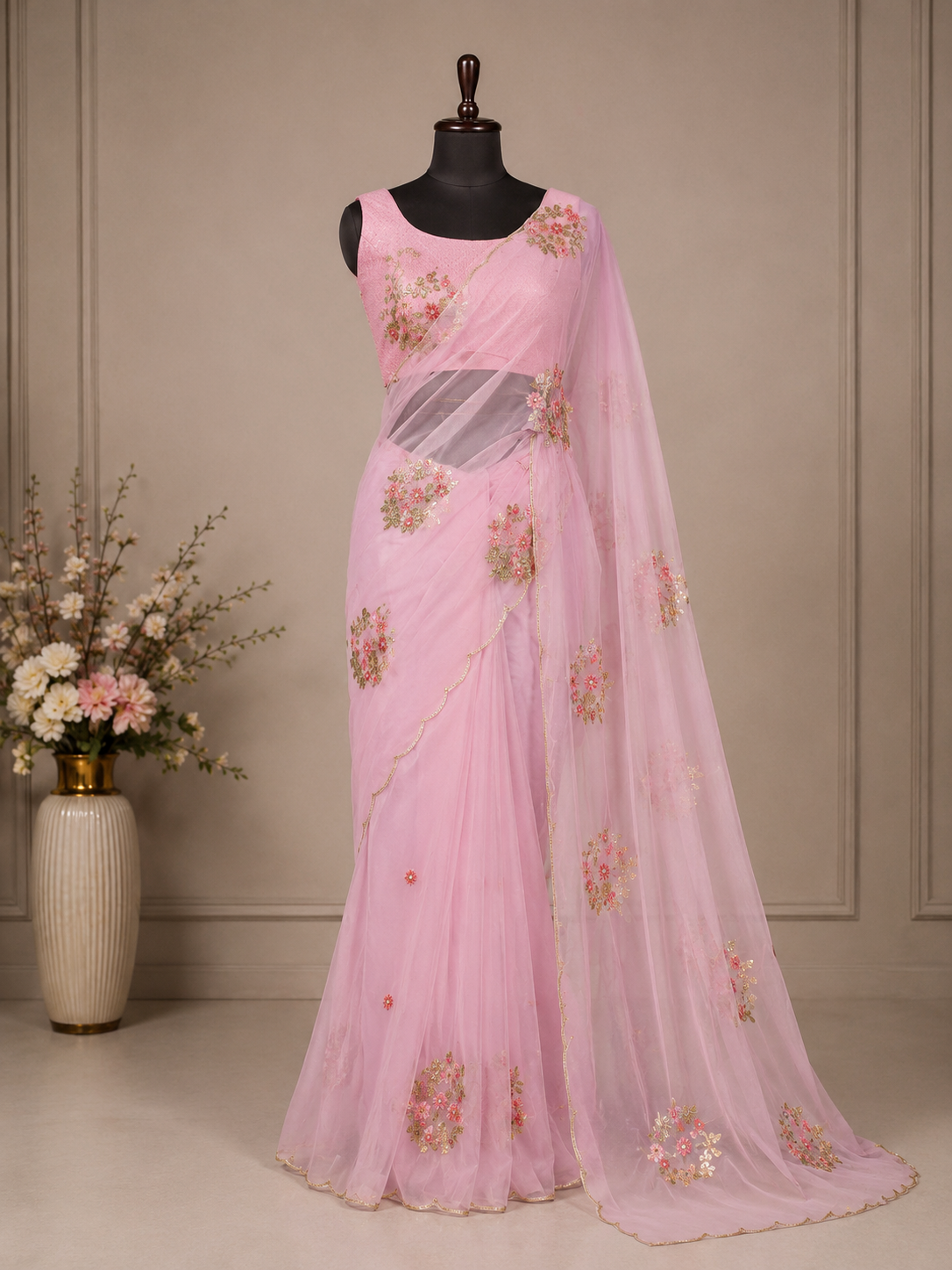 Palashika Luxe Shimmer Chinon Elephant Motif Sequin Zari Embroidery Saree