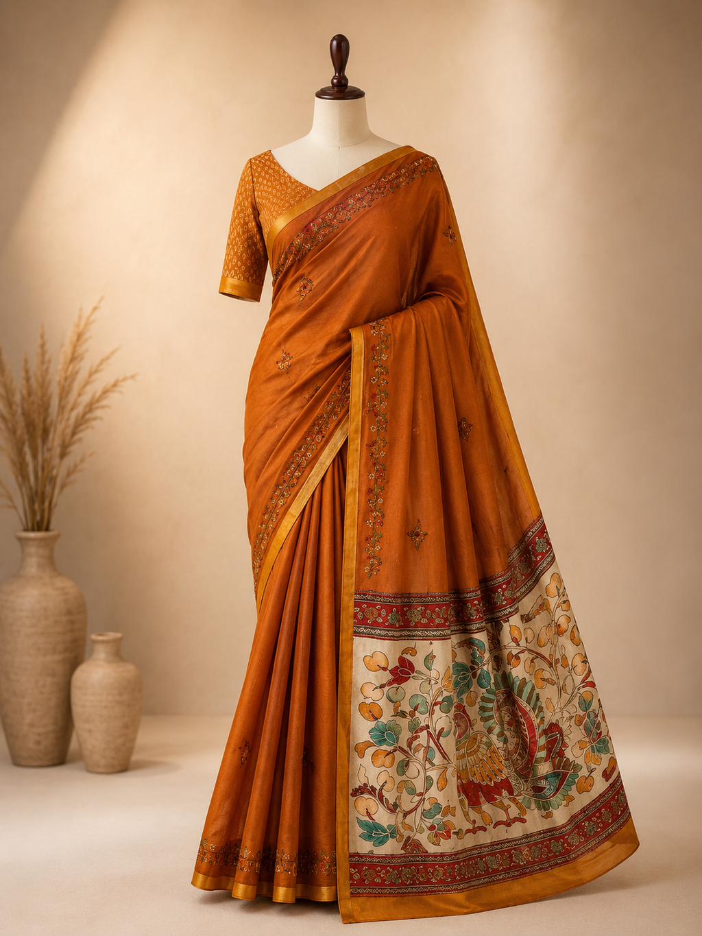Palashika Luxe Soft Mulmul Kalamkari Peacock & Floral Hand Embroidery Saree