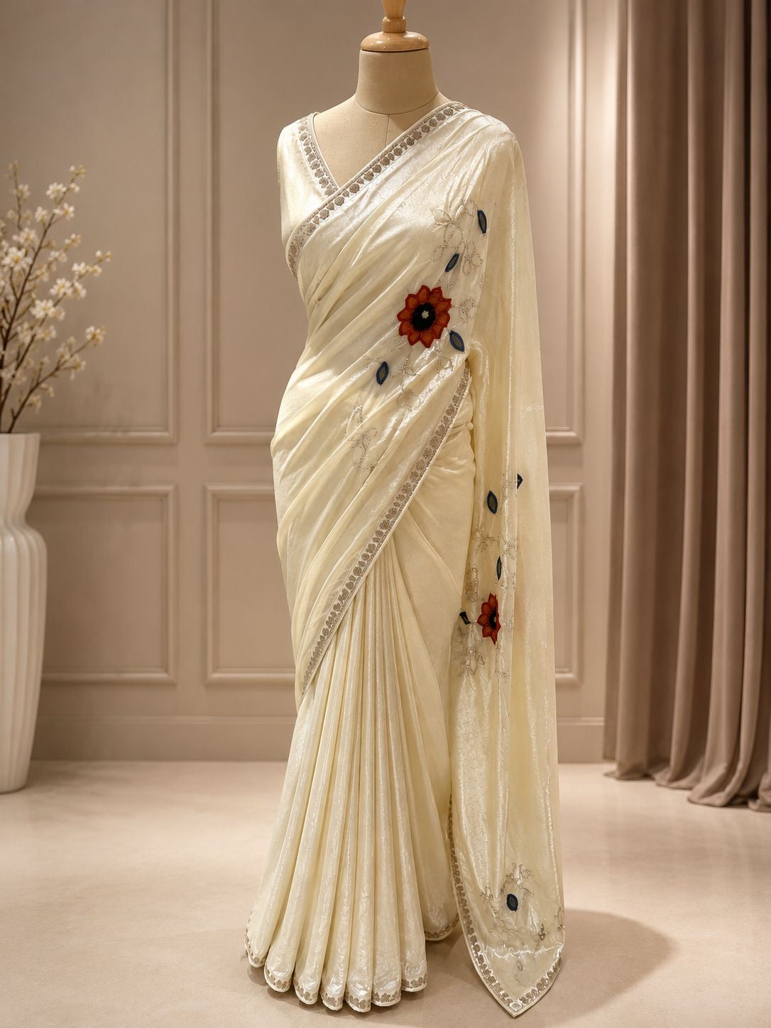 Palashika Luxe Ivory Pearl Tissue Organza,Sheer Shiny Saree - Party Sarees