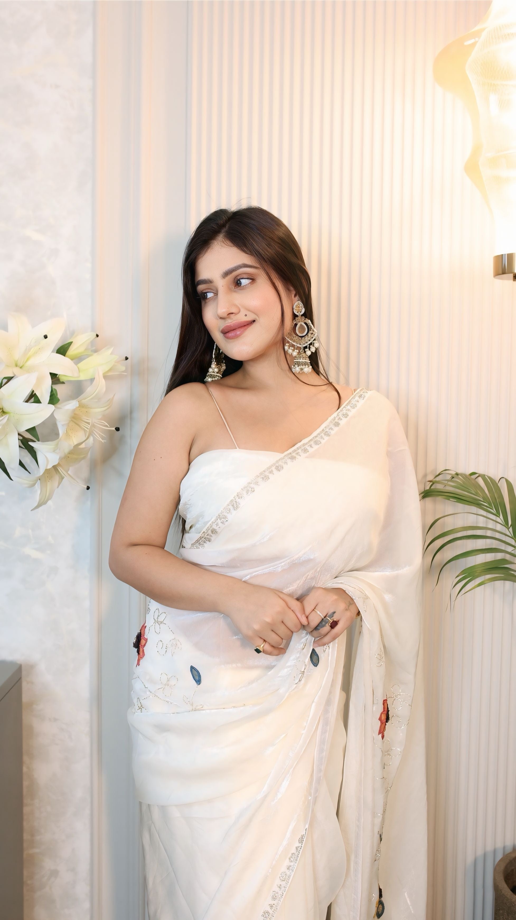 Palashika Luxe Ivory Pearl Tissue Organza,Sheer Shiny Saree - Party Sarees