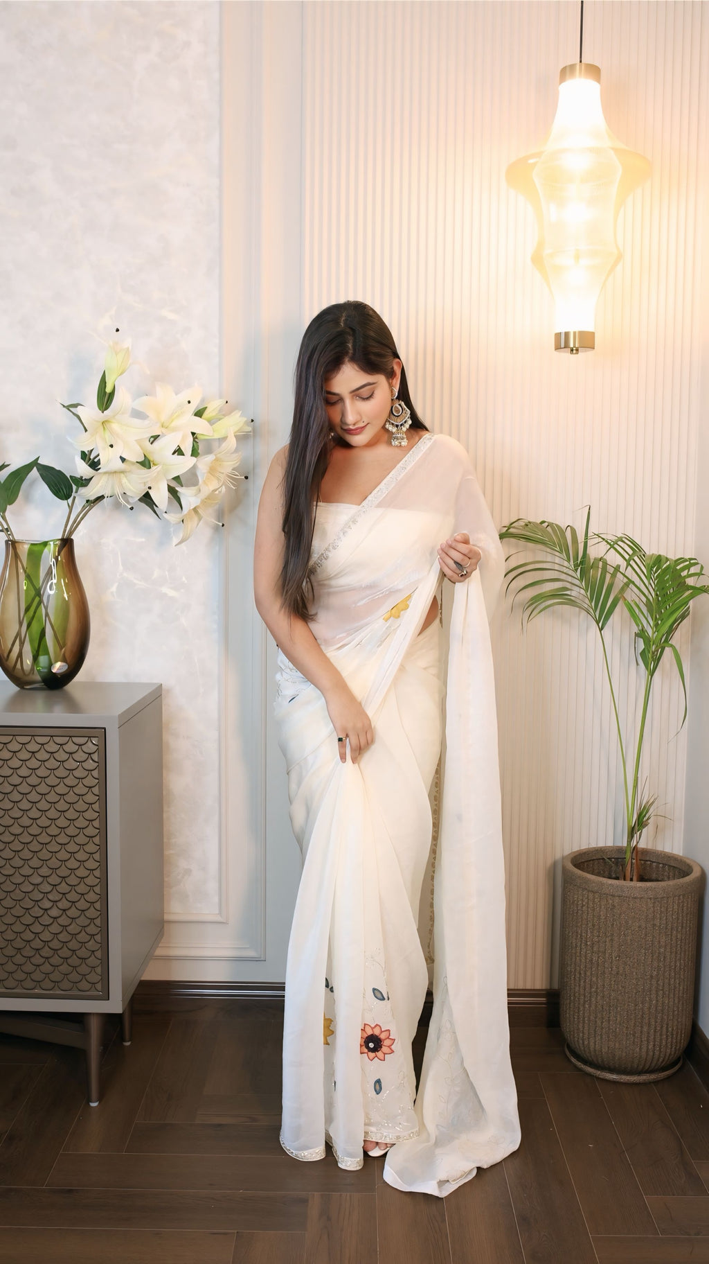 Palashika Luxe Ivory Pearl Tissue Organza,Sheer Shiny Saree - Party Sarees