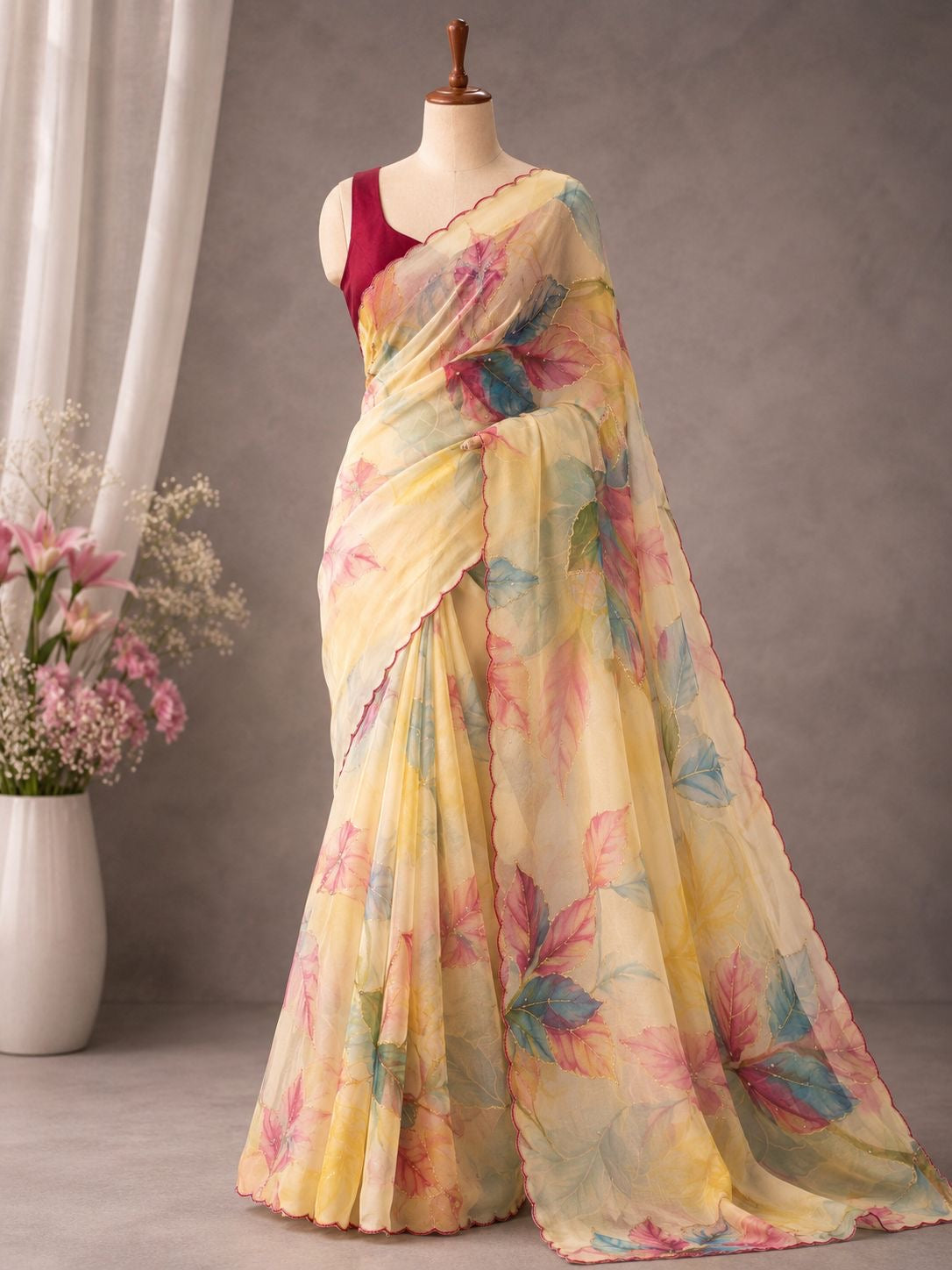Palashika Luxe Powder Yellow Soft Gorgette Saree - Day Brunch