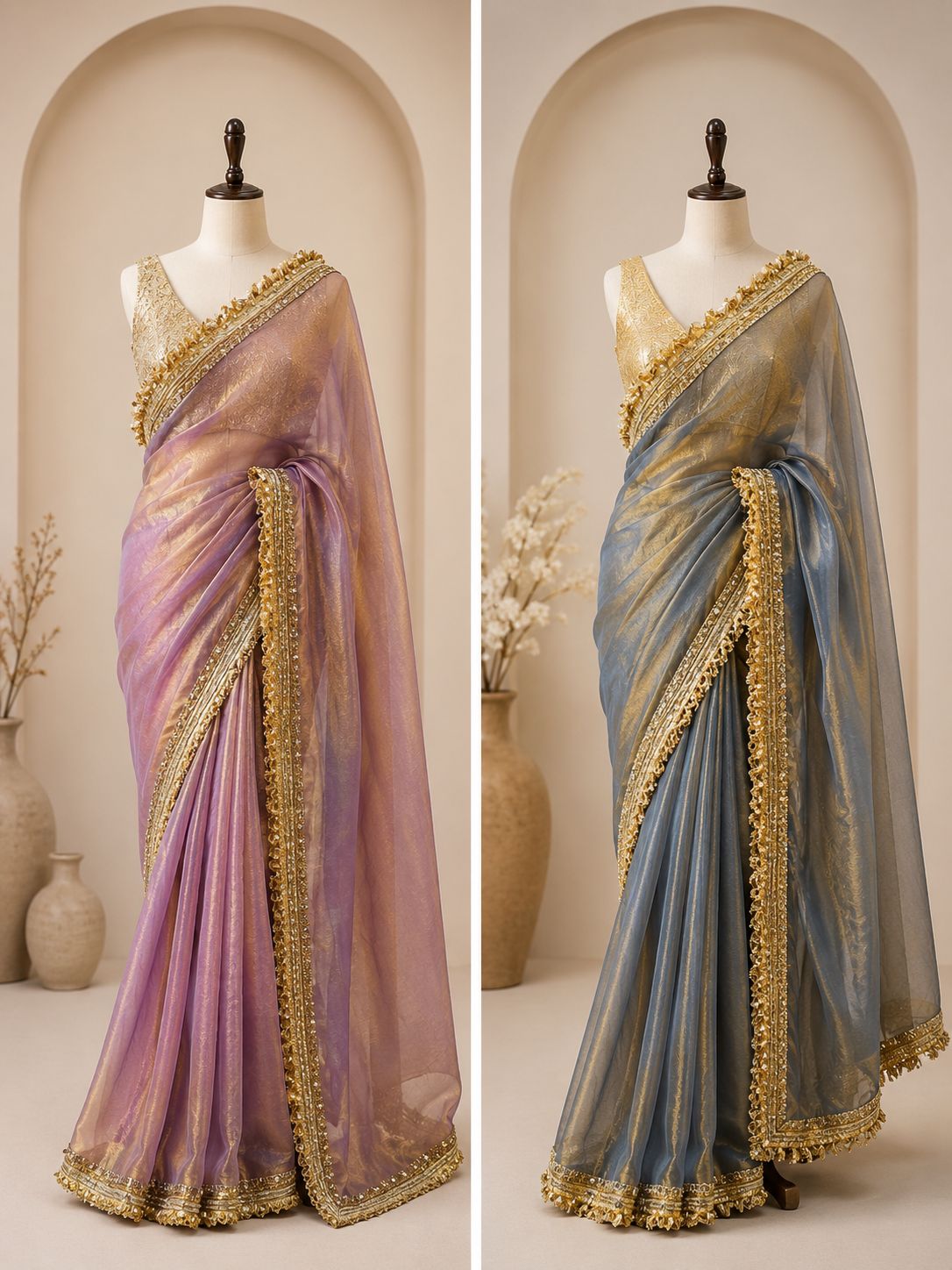 Palashika Luxe Lurex Tissue Metallic Gold Shimmer Zari Lace Border Saree