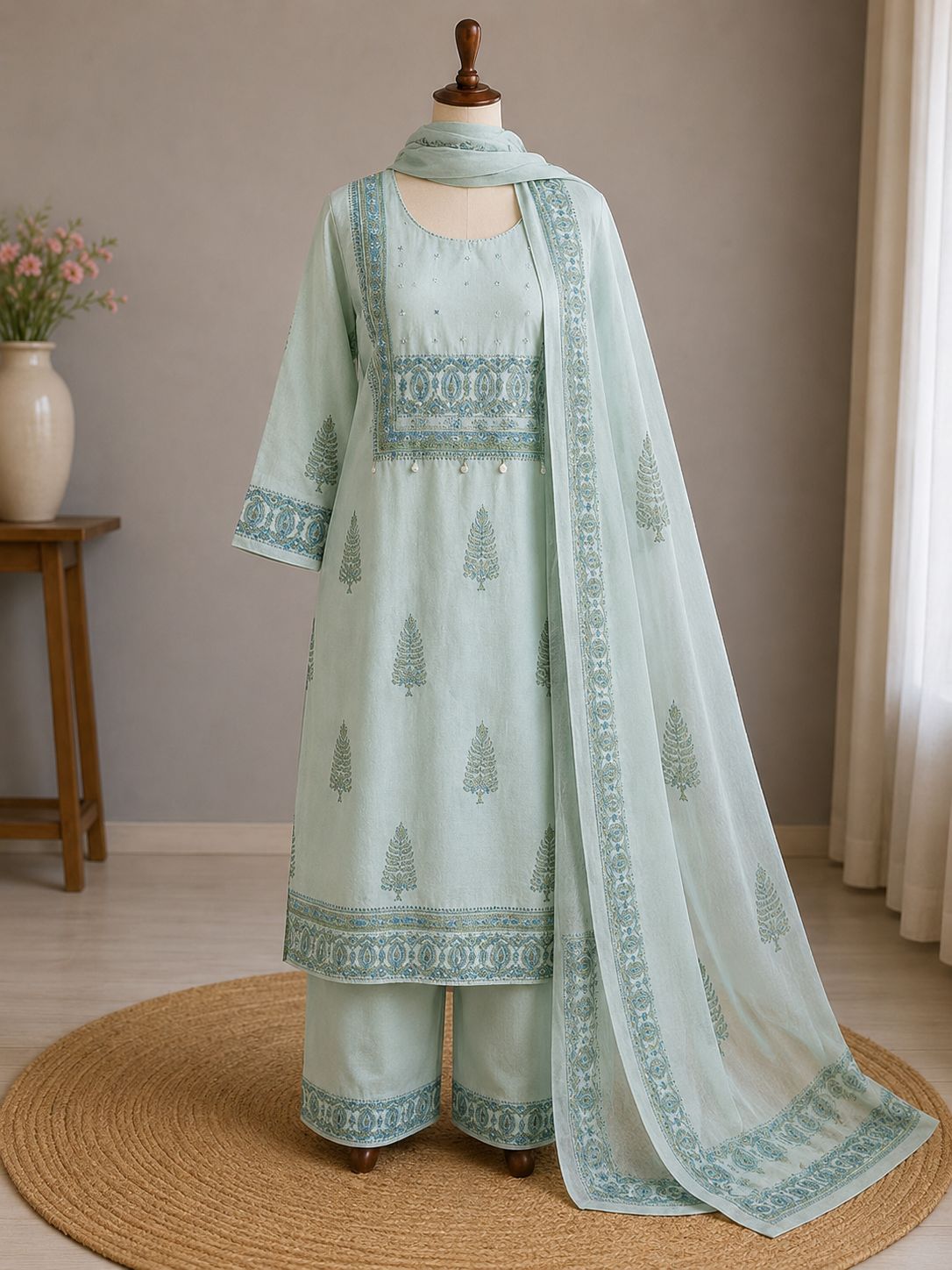 Palashika Luxe Floral Print With Embroidered Neckline And Lace /Mirror Detailing Suit