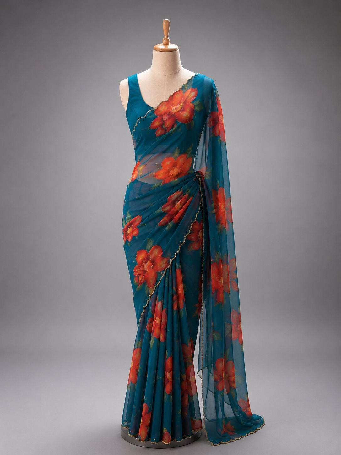 Palashika Luxe Soft Georgette Floral Print Zari Work Saree
